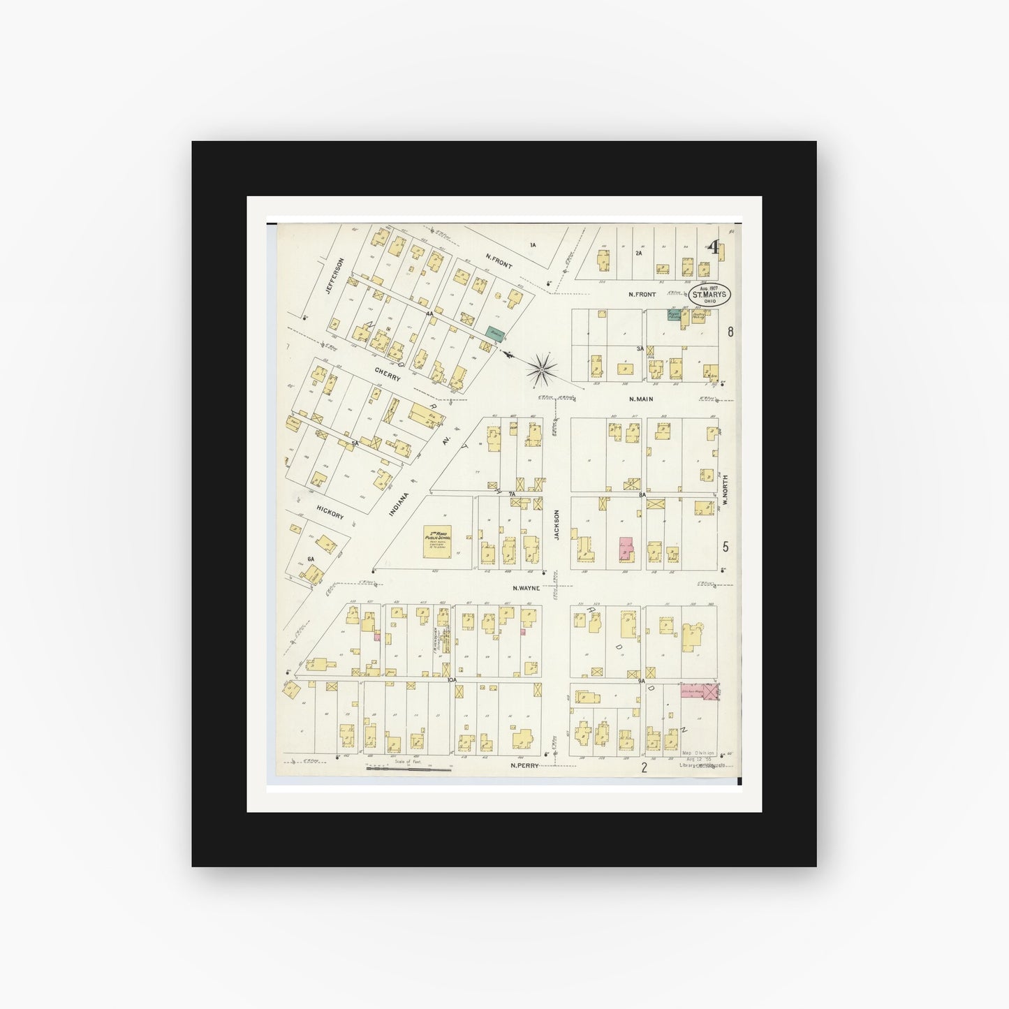 Old map wall art mockup — black gallery frame with white mat — Sanborn Fire Insurance Map from Saint Marys, Auglaize County, Ohio (1907), Sheet #0004
