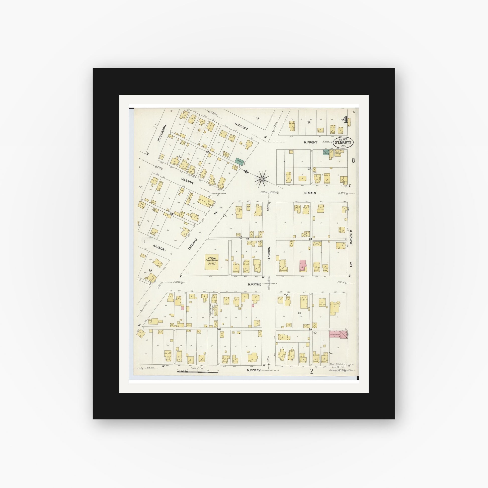 Old map wall art mockup — black gallery frame with white mat — Sanborn Fire Insurance Map from Saint Marys, Auglaize County, Ohio (1907), Sheet #0004