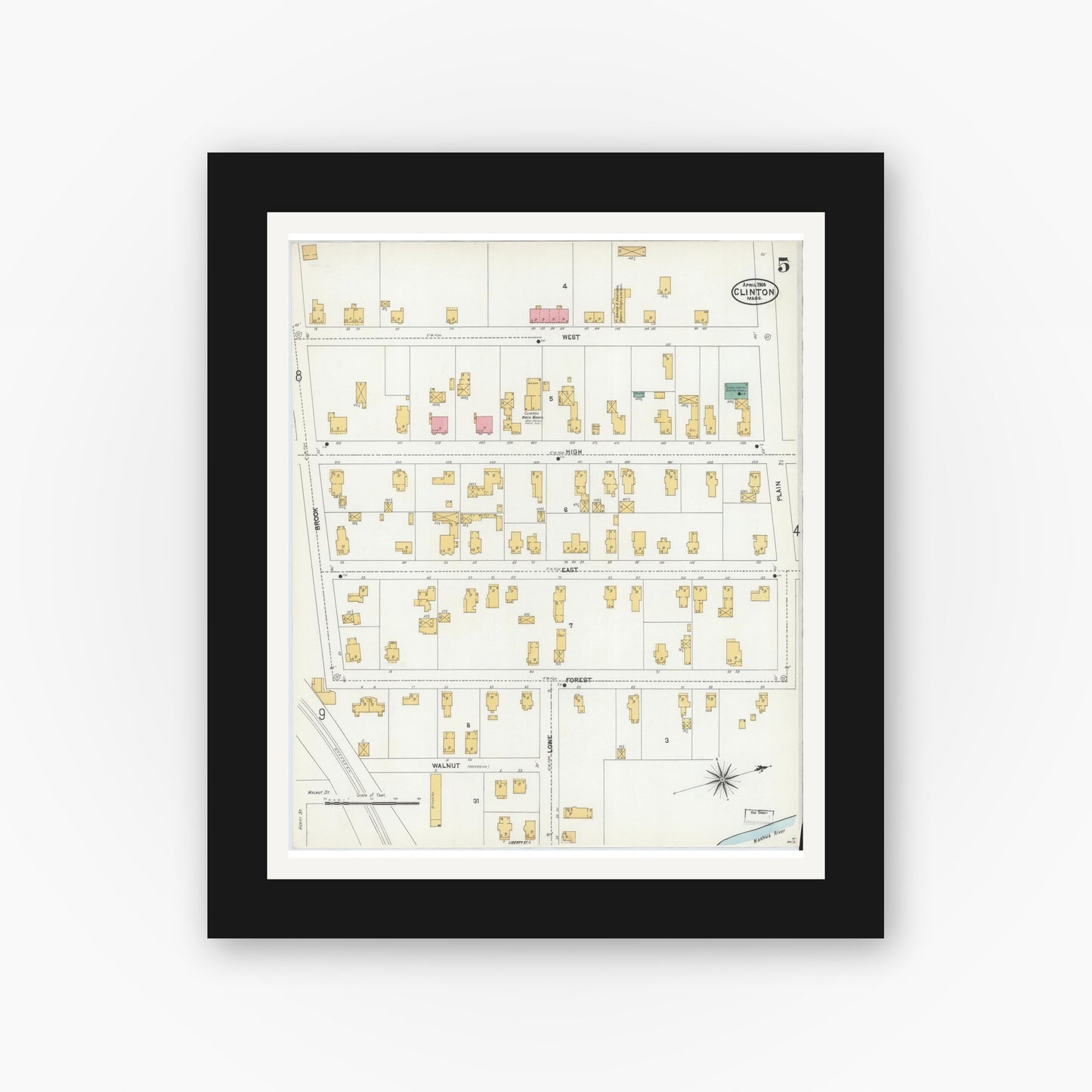 Old map wall art mockup — black gallery frame with white mat — Sanborn Fire Insurance Map from Clinton, Worcester County, Massachusetts (1904), Sheet #0005