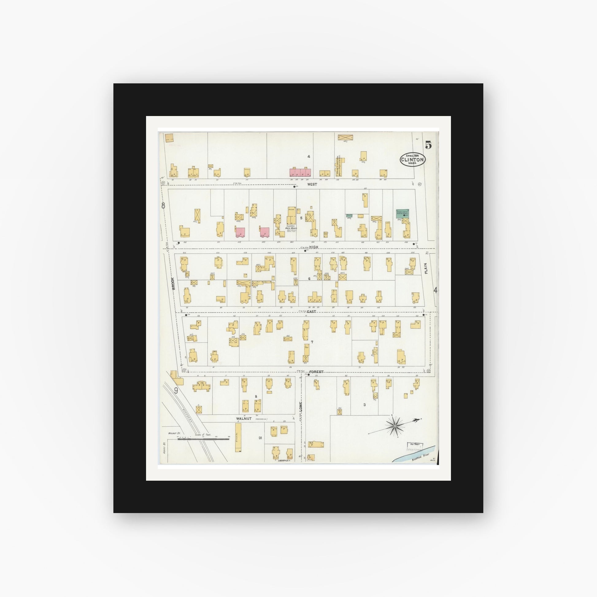 Old map wall art mockup — black gallery frame with white mat — Sanborn Fire Insurance Map from Clinton, Worcester County, Massachusetts (1904), Sheet #0005