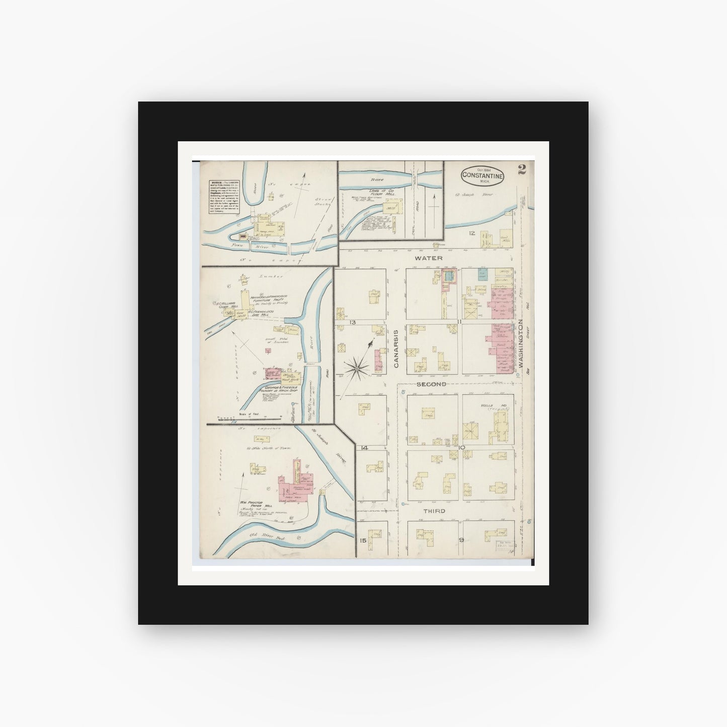 Old map wall art mockup — black gallery frame with white mat — Sanborn Fire Insurance Map from Constantine, Saint Joseph County, Michigan (1884), Sheet #0002
