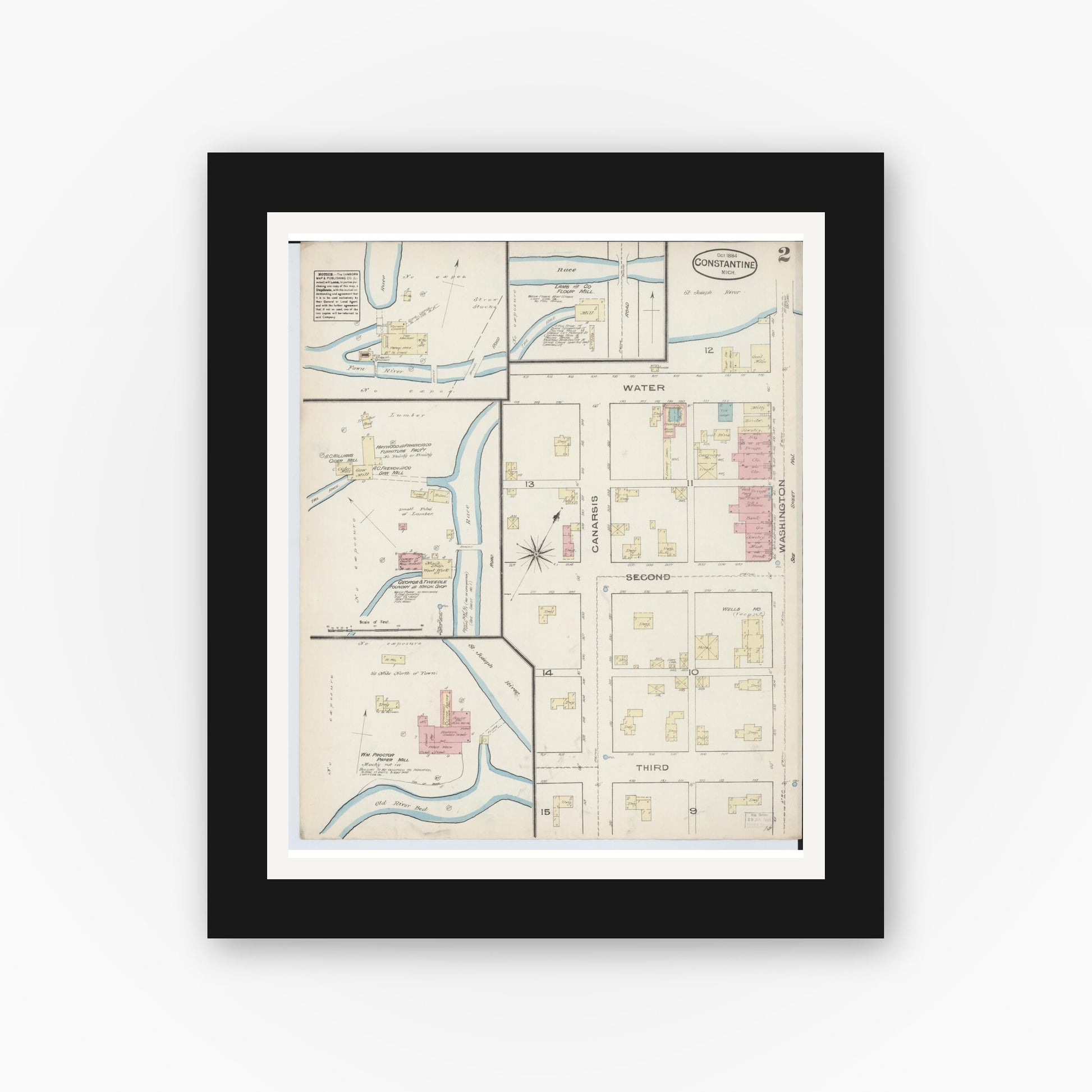 Old map wall art mockup — black gallery frame with white mat — Sanborn Fire Insurance Map from Constantine, Saint Joseph County, Michigan (1884), Sheet #0002