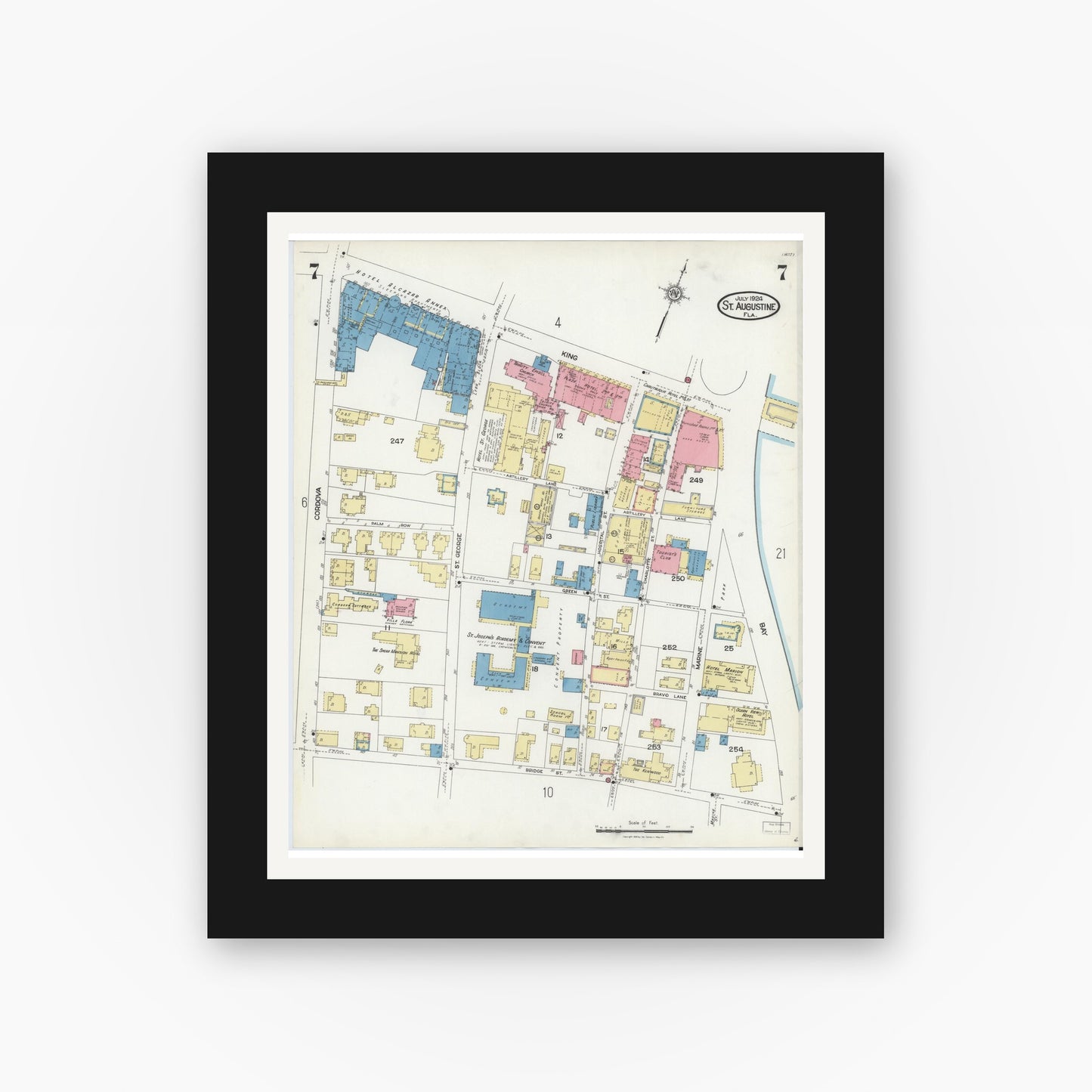 Old map wall art mockup — black gallery frame with white mat — Sanborn Fire Insurance Map from Saint Augustine, Saint John's County, Florida (1924), Sheet #0007