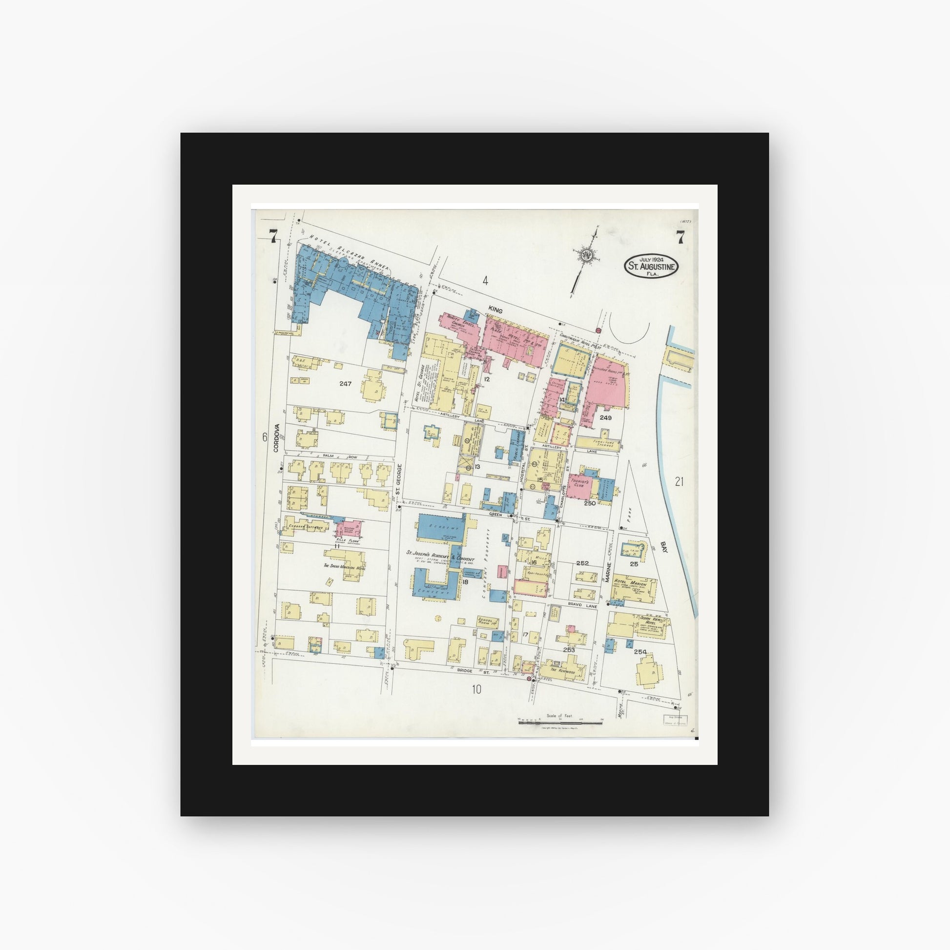 Old map wall art mockup — black gallery frame with white mat — Sanborn Fire Insurance Map from Saint Augustine, Saint John's County, Florida (1924), Sheet #0007