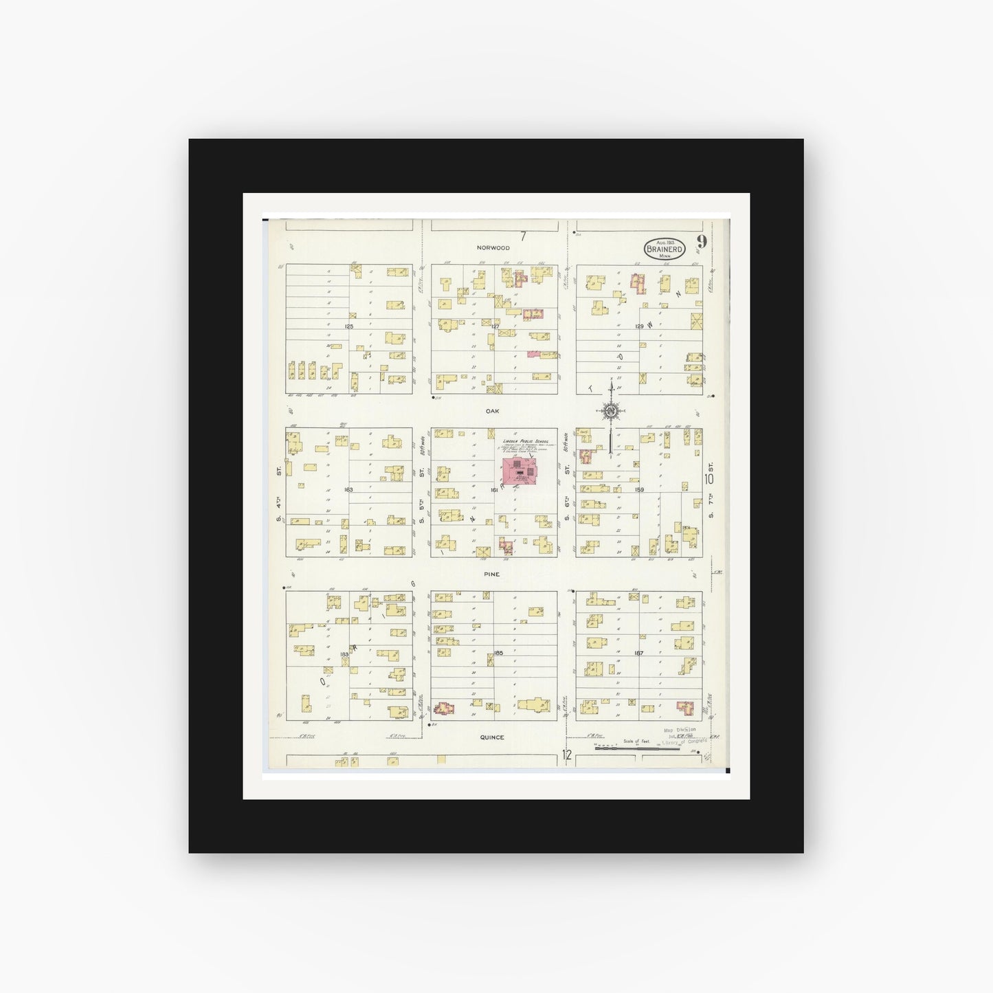 Old map wall art mockup — black gallery frame with white mat — Sanborn Fire Insurance Map from Brainerd, Crow Wing County, Minnesota (1913), Sheet #0009
