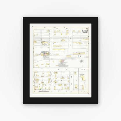 Old map wall art mockup — black gallery frame with white mat — Sanborn Fire Insurance Map from Sheldon, O'Brien County, Iowa (1892), Sheet #0002