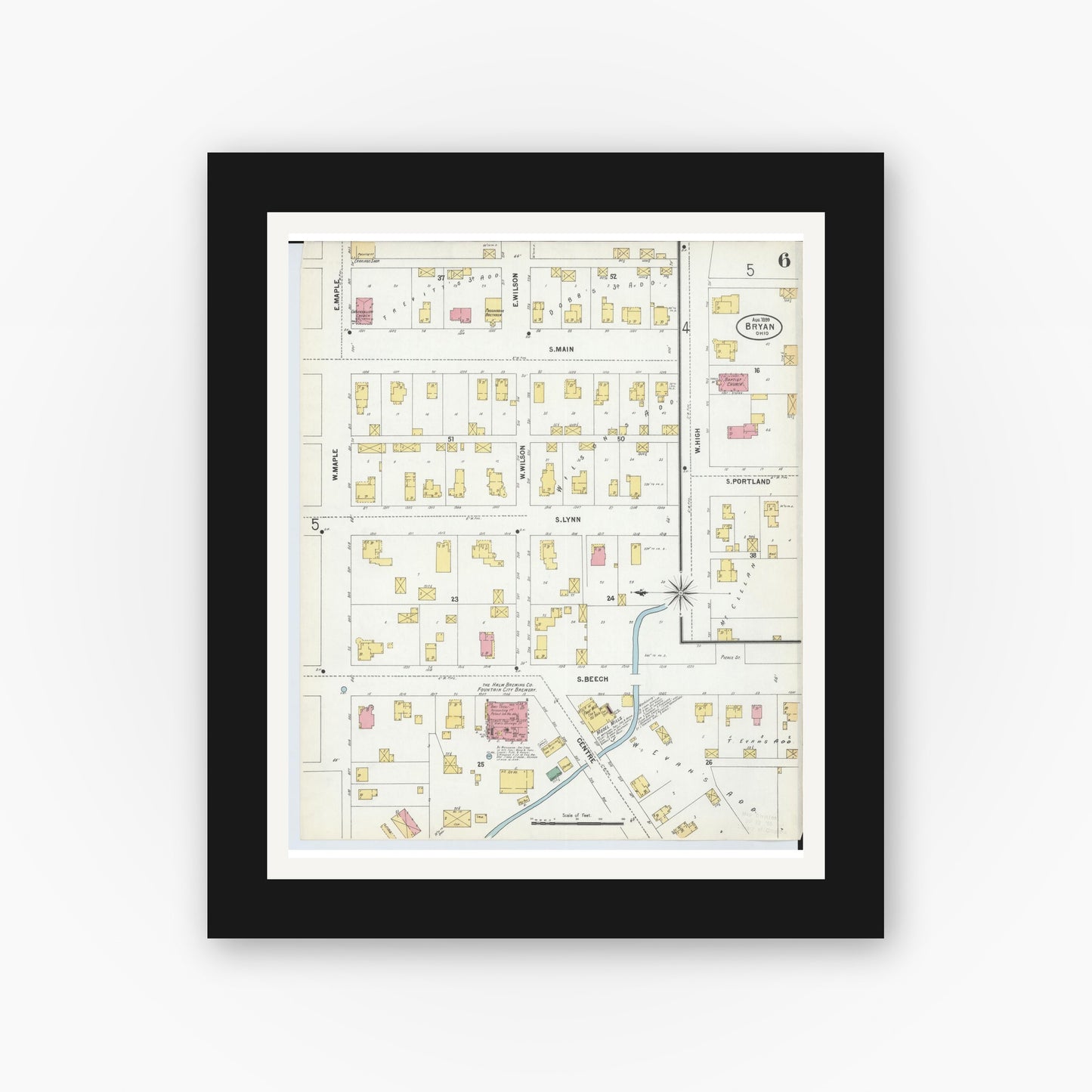 Old map wall art mockup — black gallery frame with white mat — Sanborn Fire Insurance Map from Bryan, Williams County, Ohio (1899), Sheet #0006