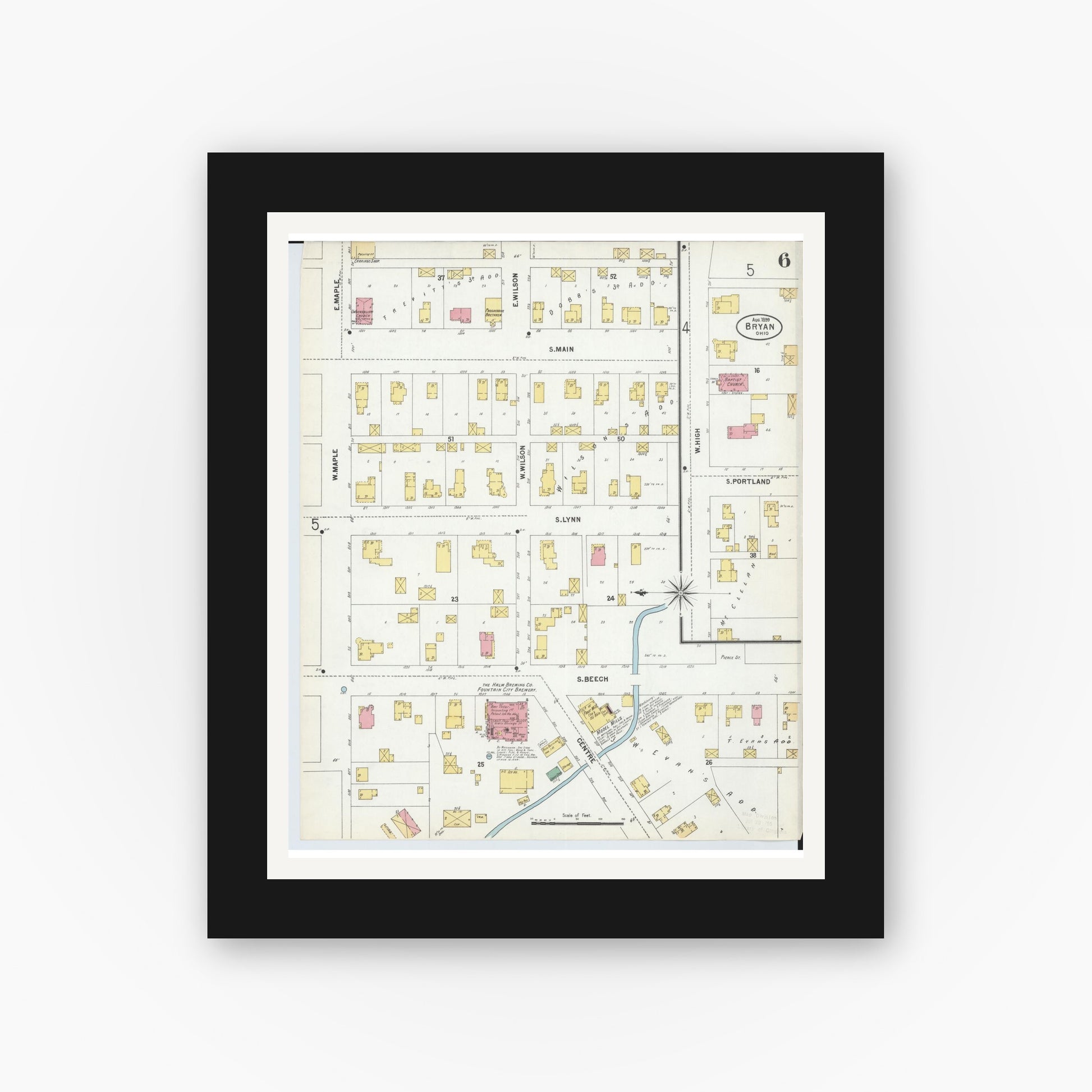 Old map wall art mockup — black gallery frame with white mat — Sanborn Fire Insurance Map from Bryan, Williams County, Ohio (1899), Sheet #0006