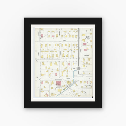 Old map wall art mockup — black gallery frame with white mat — Sanborn Fire Insurance Map from Bryan, Williams County, Ohio (1899), Sheet #0006
