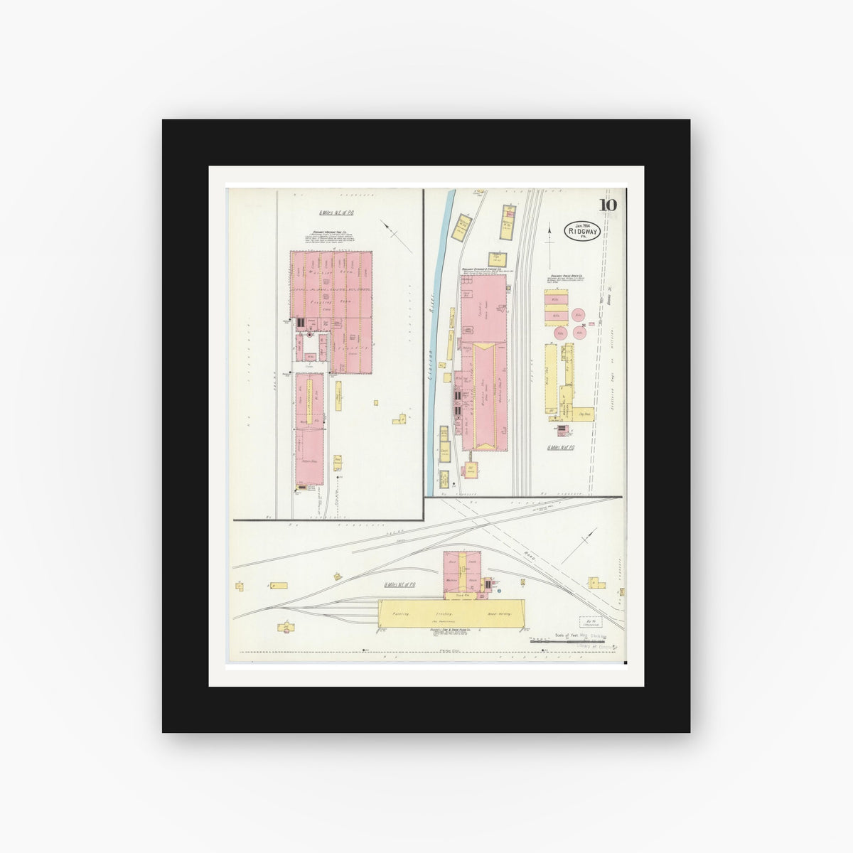 Old map wall art mockup — black gallery frame with white mat — Sanborn Fire Insurance Map from Ridgway, Elk County, Pennsylvania (1904), Sheet #0010