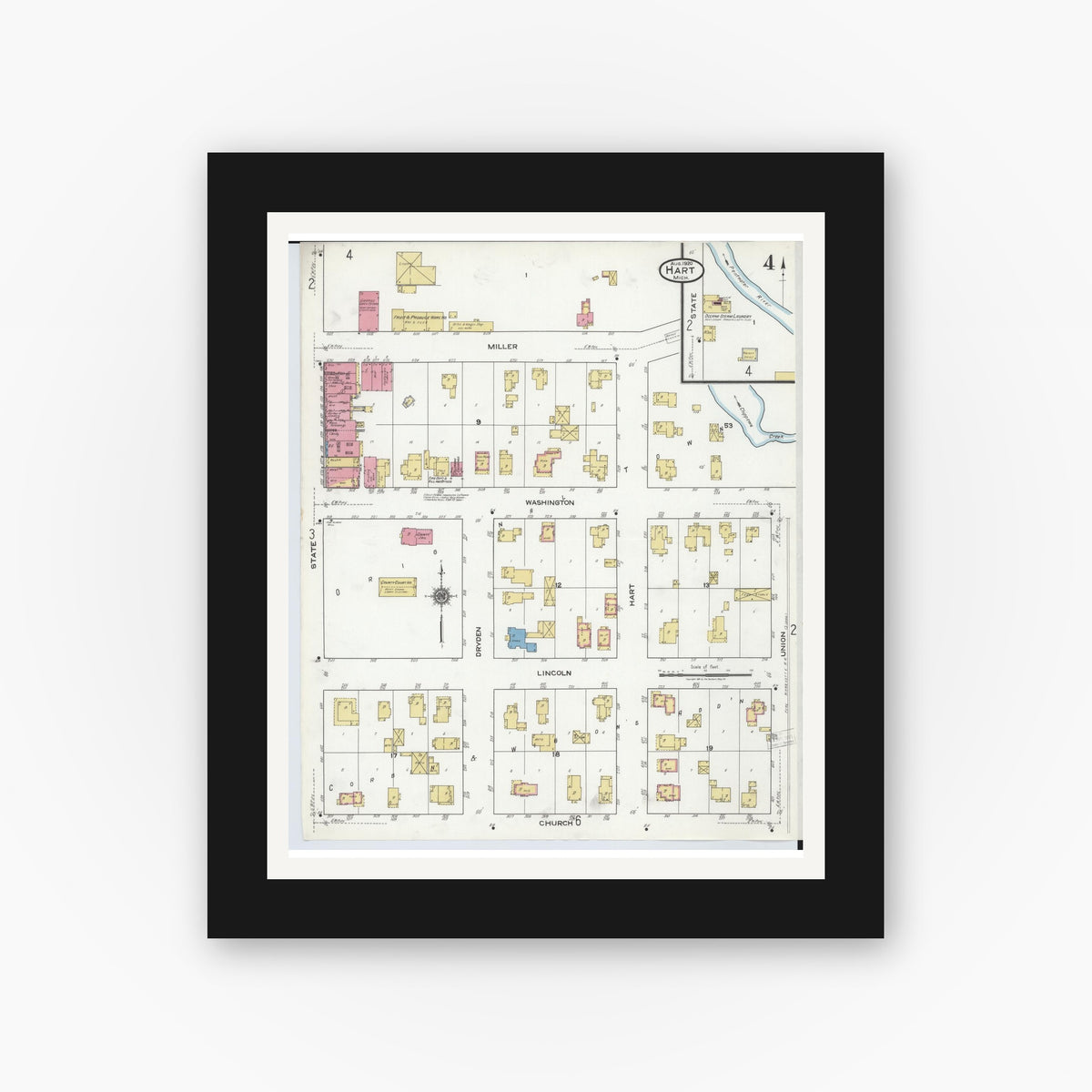 Old map wall art mockup — black gallery frame with white mat — Sanborn Fire Insurance Map from Hart, Oceana County, Michigan (1920), Sheet #0004