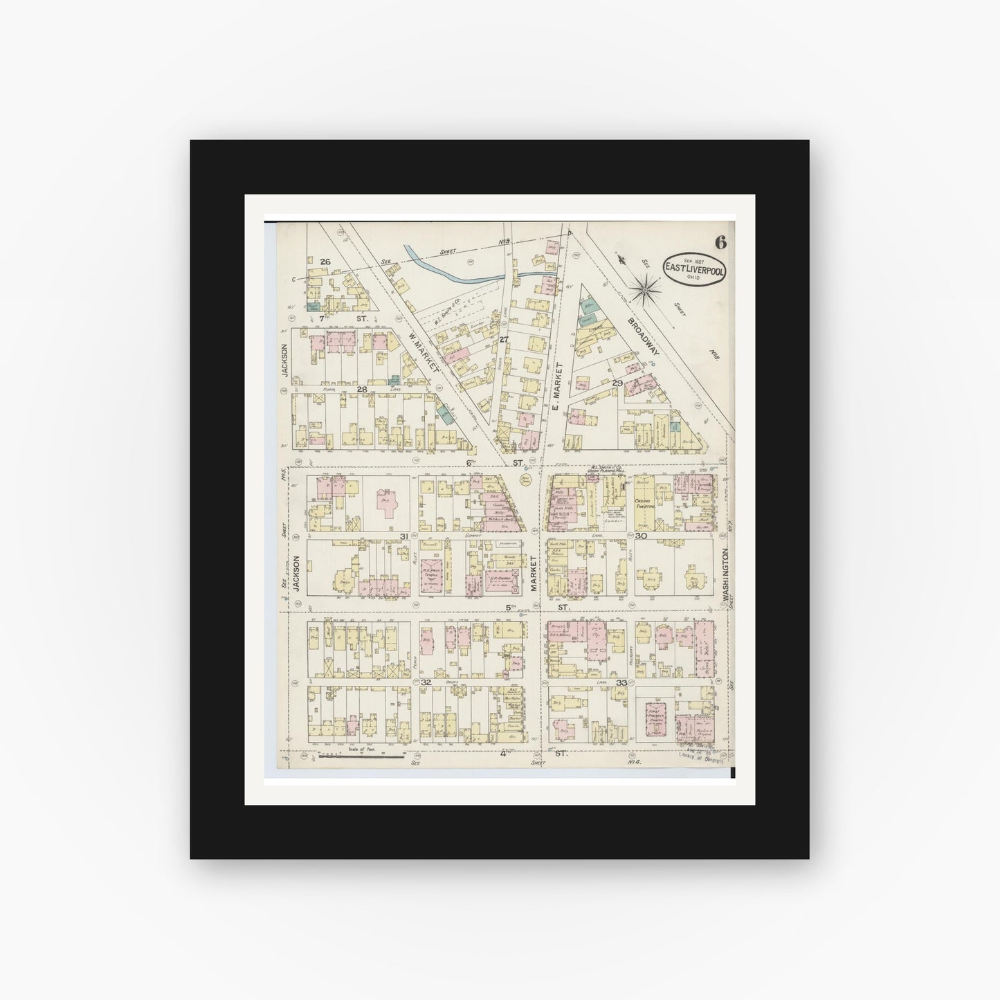 Old map wall art mockup — black gallery frame with white mat — Sanborn Fire Insurance Map from East Liverpool, Columbiana County, Ohio (1887), Sheet #0006