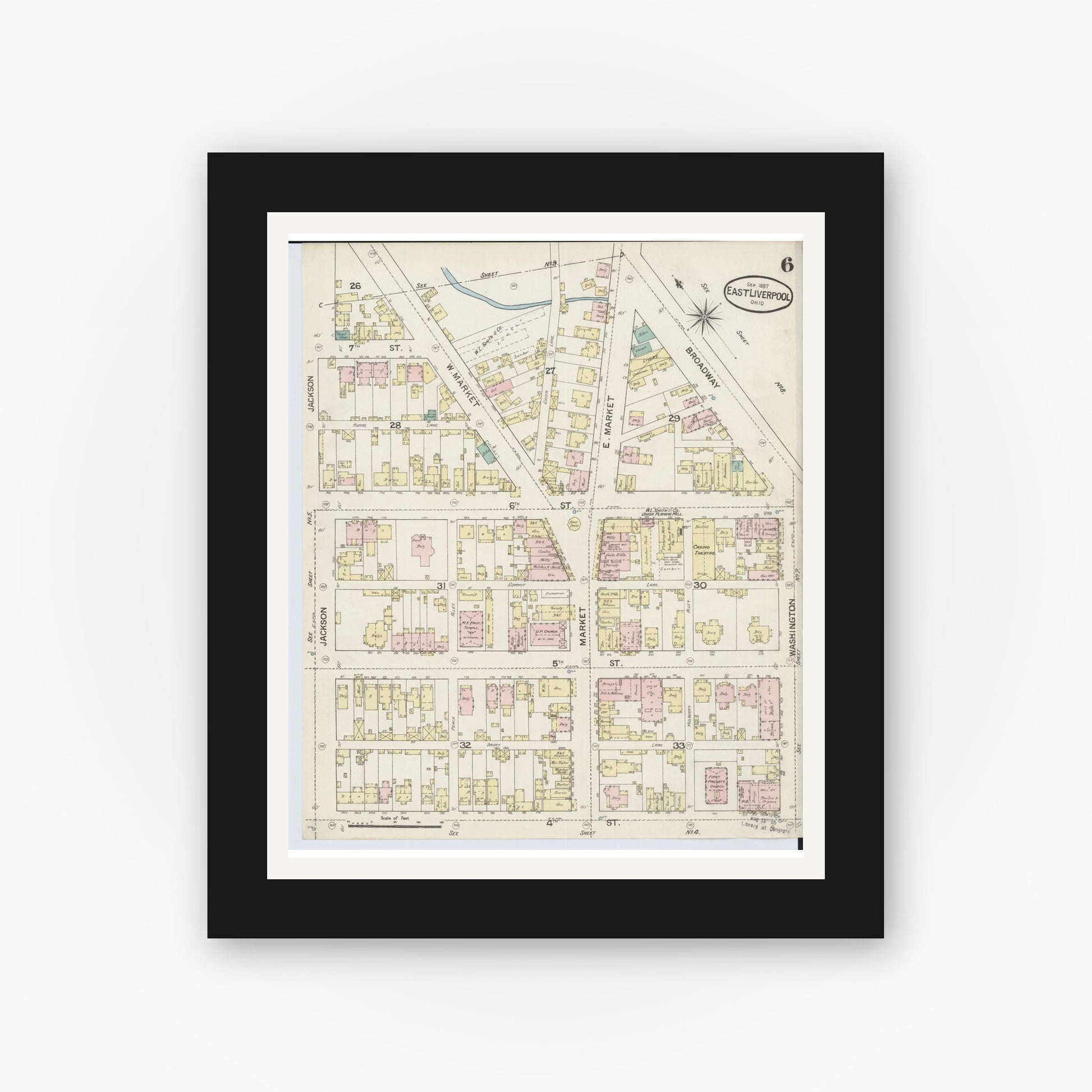 Old map wall art mockup — black gallery frame with white mat — Sanborn Fire Insurance Map from East Liverpool, Columbiana County, Ohio (1887), Sheet #0006