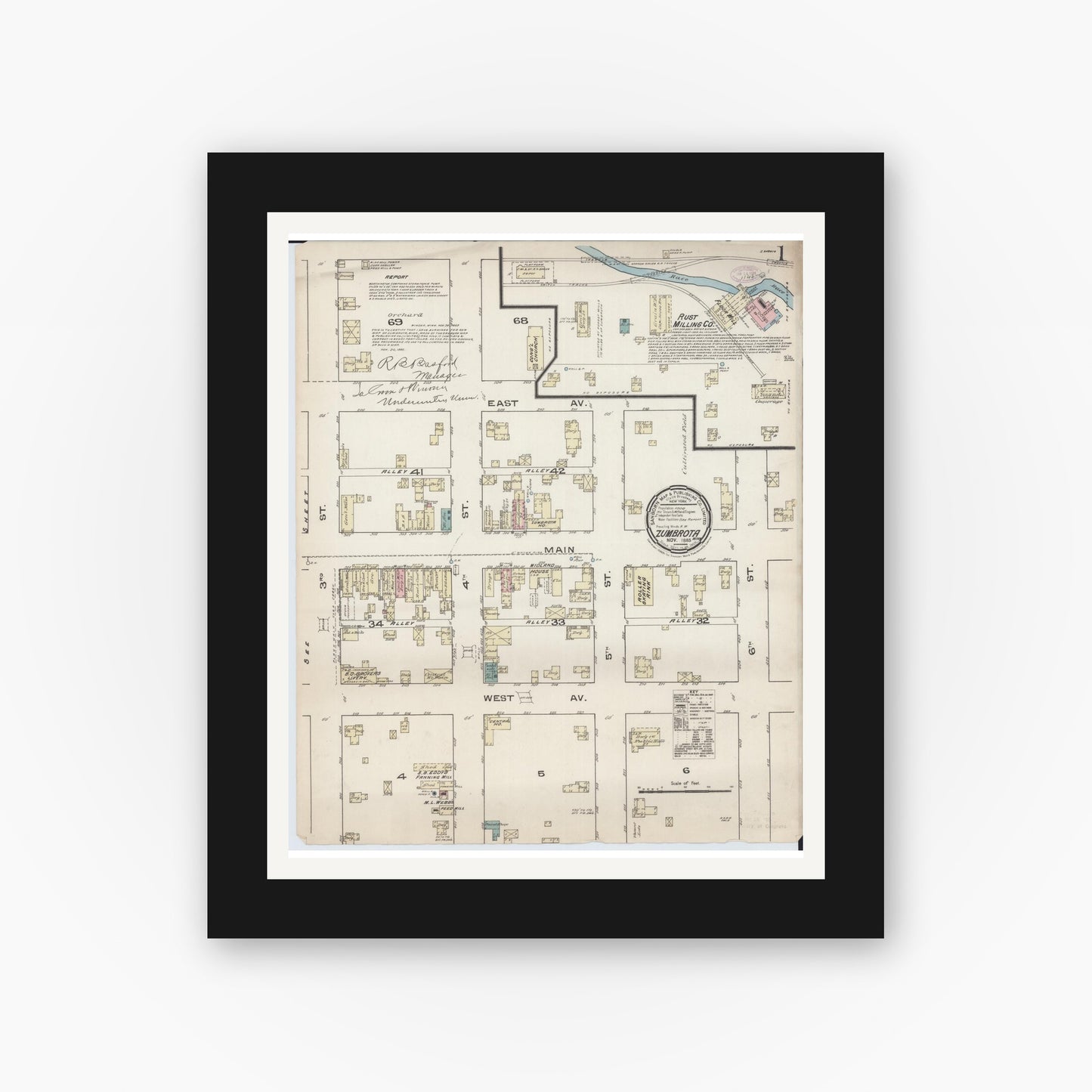 Old map wall art mockup — black gallery frame with white mat — Sanborn Fire Insurance Map from Zumbrota, Goodhue County, Minnesota (1885) - Complete Map Set