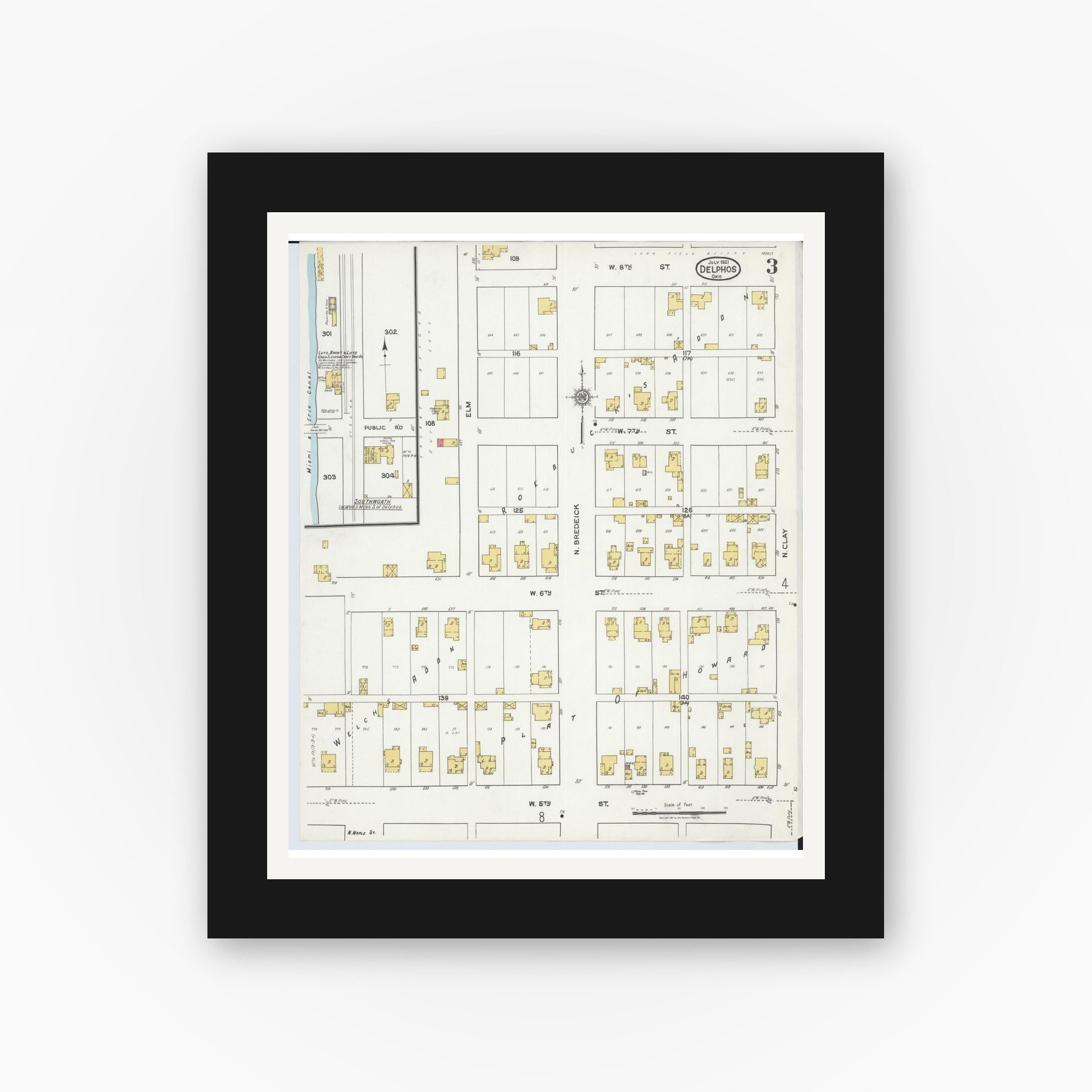 Old map wall art mockup — black gallery frame with white mat — Sanborn Fire Insurance Map from Delphos, Van Wert And Allen Counties, Ohio (1921), Sheet #0003