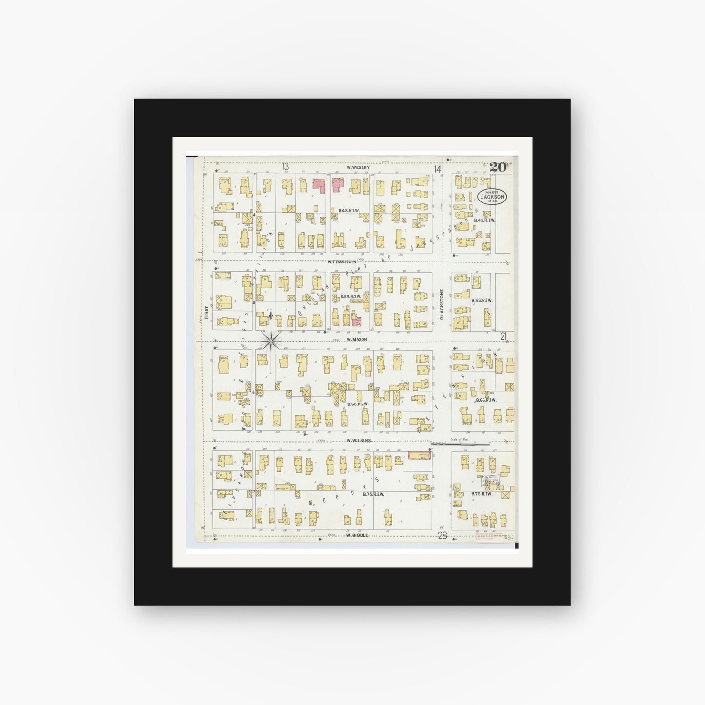 Old map wall art mockup — black gallery frame with white mat — Sanborn Fire Insurance Map from Jackson, Jackson County, Michigan (1899), Sheet #0020