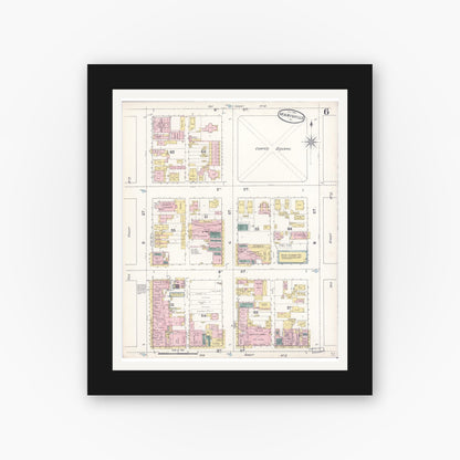 Old map wall art mockup — black gallery frame with white mat — Sanborn Fire Insurance Map from Marysville, Yuba County, California (1890), Sheet #0006
