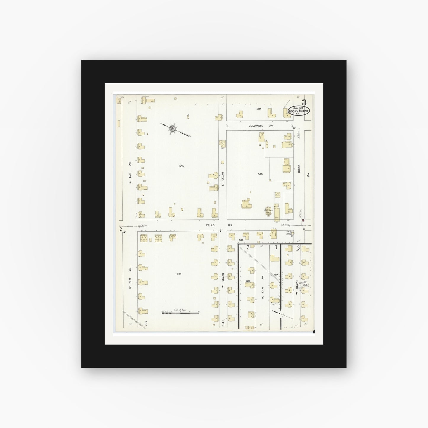Old map wall art mockup — black gallery frame with white mat — Sanborn Fire Insurance Map from Rocky Mount, Edgecombe And Nash Counties, North Carolina (1912), Sheet #0003