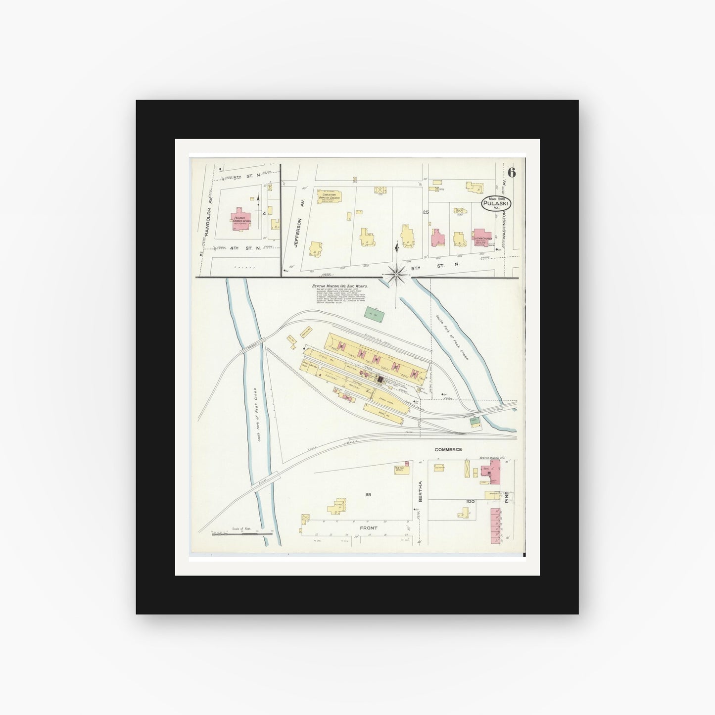 Old map wall art mockup — black gallery frame with white mat — Sanborn Fire Insurance Map from Pulaski, Pulaski County, Virginia (1908), Sheet #0006