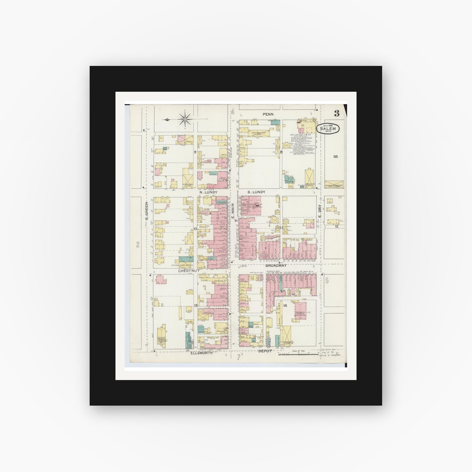 Old map wall art mockup — black gallery frame with white mat — Sanborn Fire Insurance Map from Salem, Columbiana County, Ohio (1892), Sheet #0003