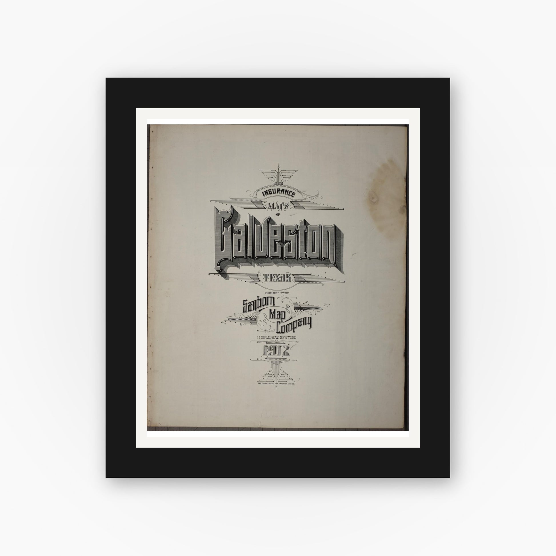 Old map wall art mockup — black gallery frame with white mat — Sanborn Fire Insurance Map from Galveston, Galveston County, Texas (1912), Sheet #0001