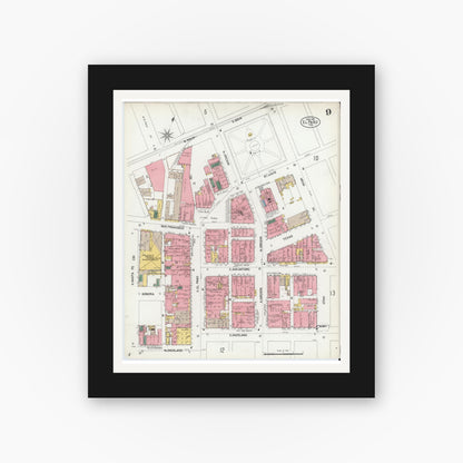 Old map wall art mockup — black gallery frame with white mat — Sanborn Fire Insurance Map from El Paso, El Paso County, Texas (1902), Sheet #0009