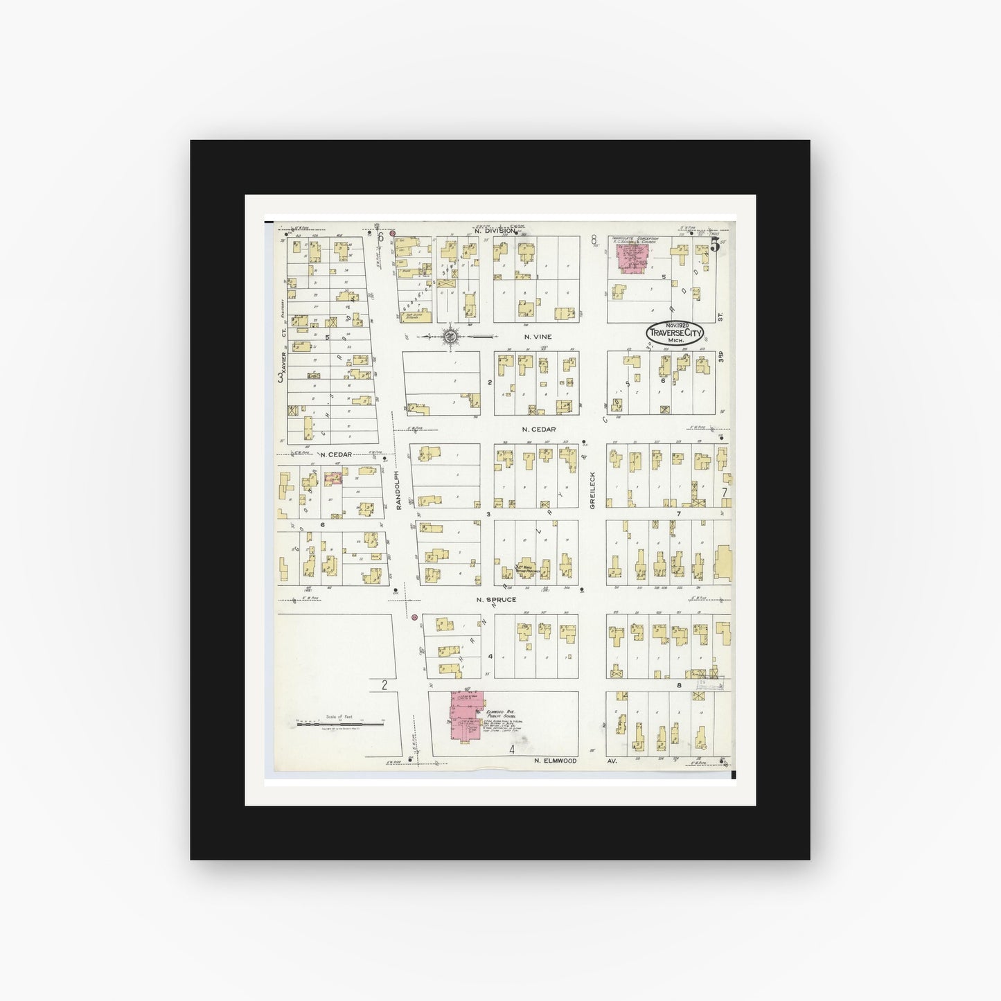 Old map wall art mockup — black gallery frame with white mat — Sanborn Fire Insurance Map from Traverse City, Grand Traverse County, Michigan (1920), Sheet #0005