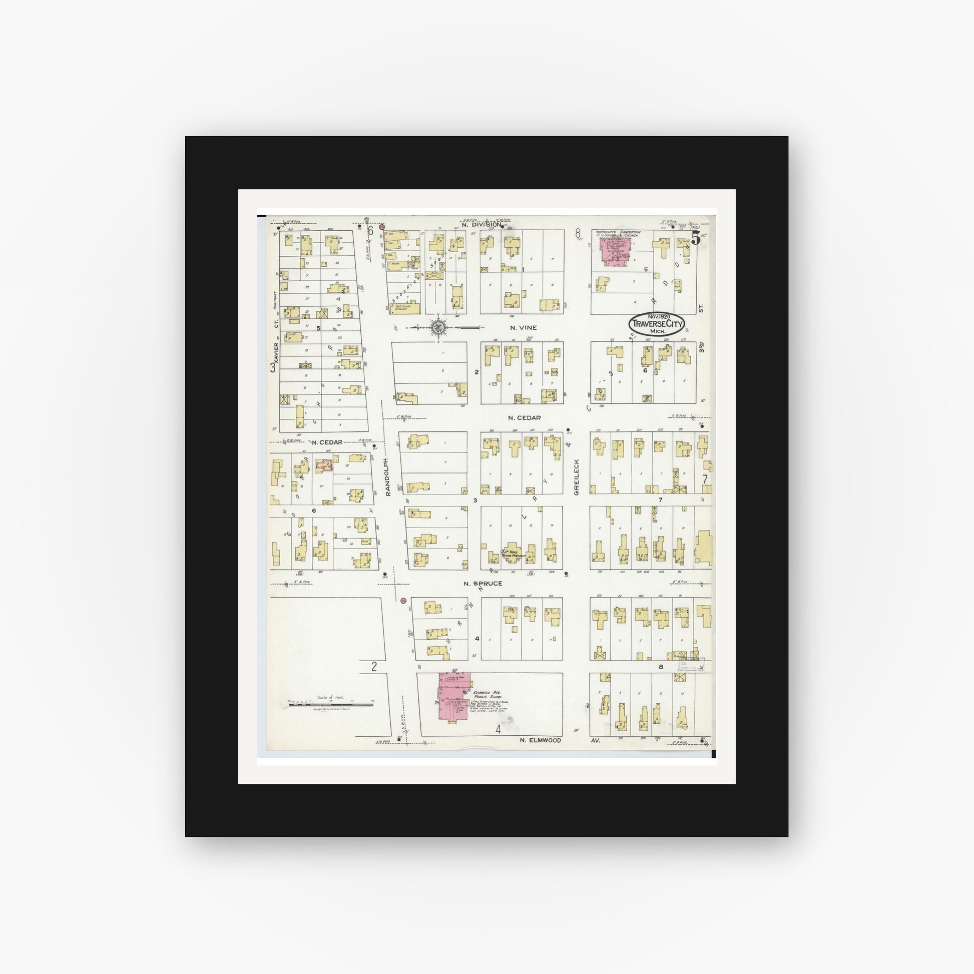 Old map wall art mockup — black gallery frame with white mat — Sanborn Fire Insurance Map from Traverse City, Grand Traverse County, Michigan (1920), Sheet #0005