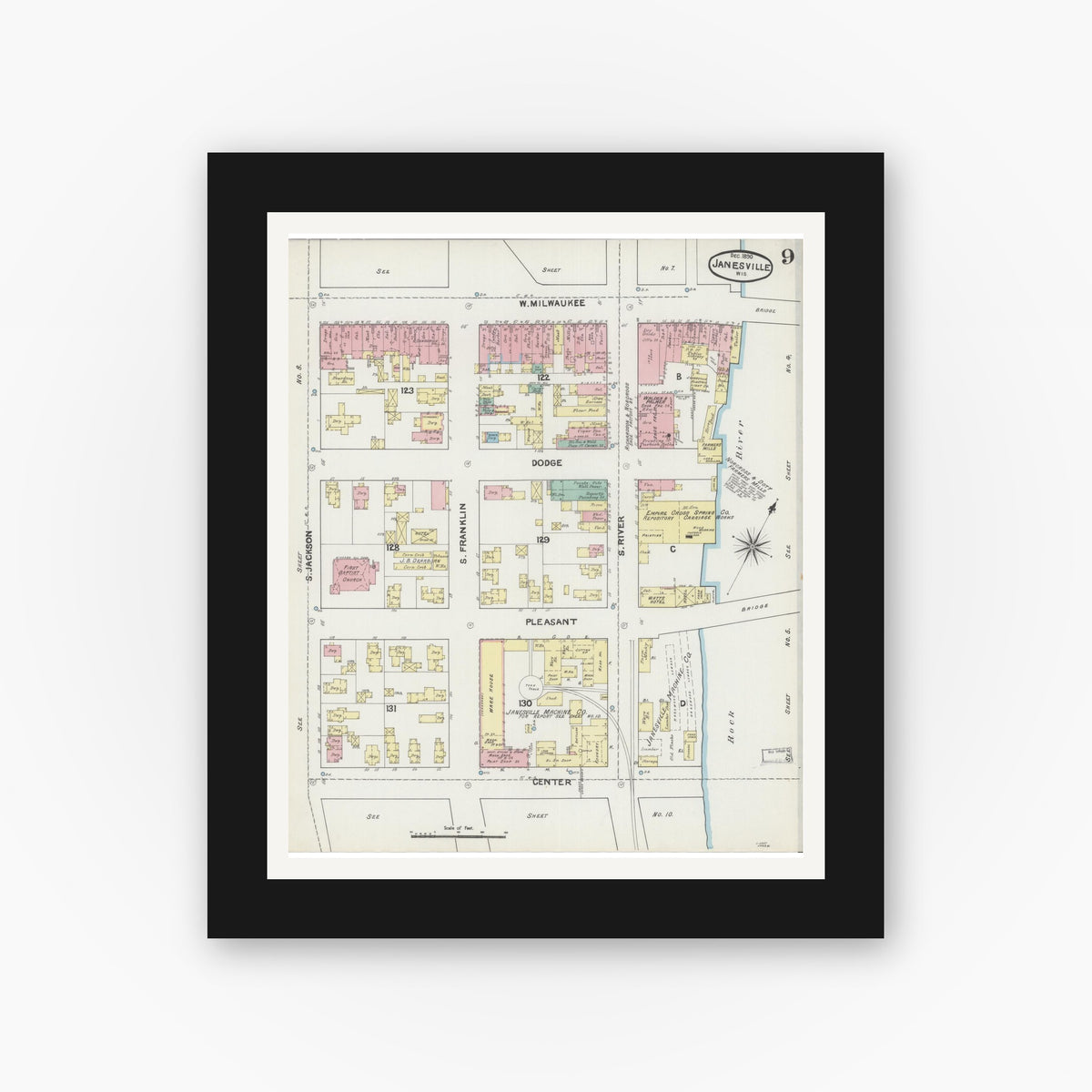 Old map wall art mockup — black gallery frame with white mat — Sanborn Fire Insurance Map from Janesville, Rock County, Wisconsin (1890), Sheet #0009