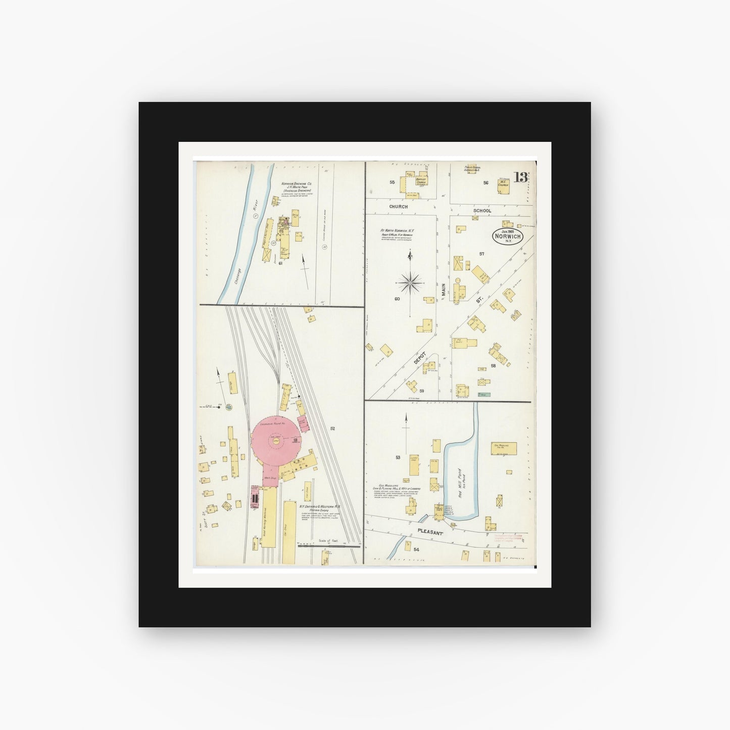 Old map wall art mockup — black gallery frame with white mat — Sanborn Fire Insurance Map from Norwich, Chenango County, New York (1903), Sheet #0013