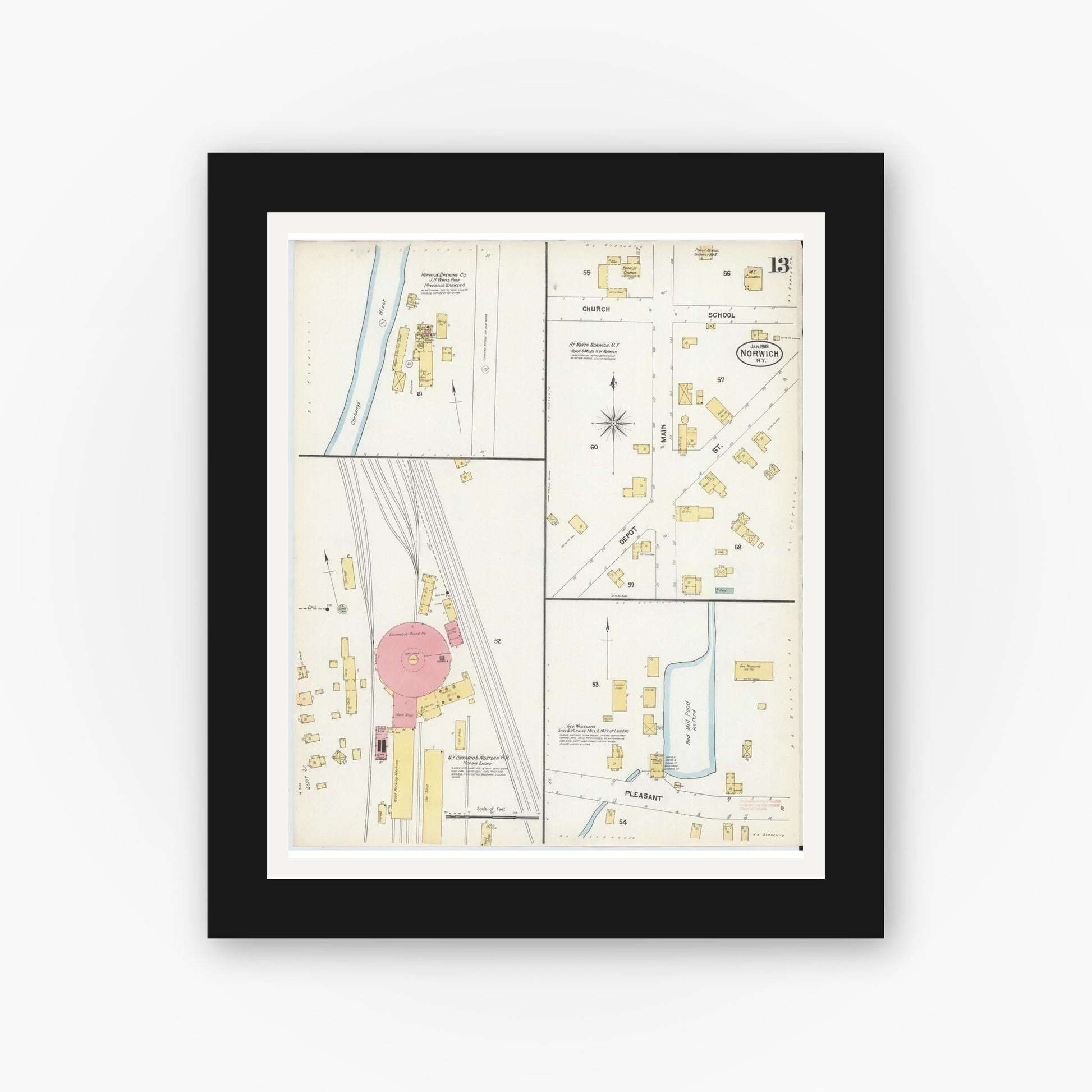 Old map wall art mockup — black gallery frame with white mat — Sanborn Fire Insurance Map from Norwich, Chenango County, New York (1903), Sheet #0013