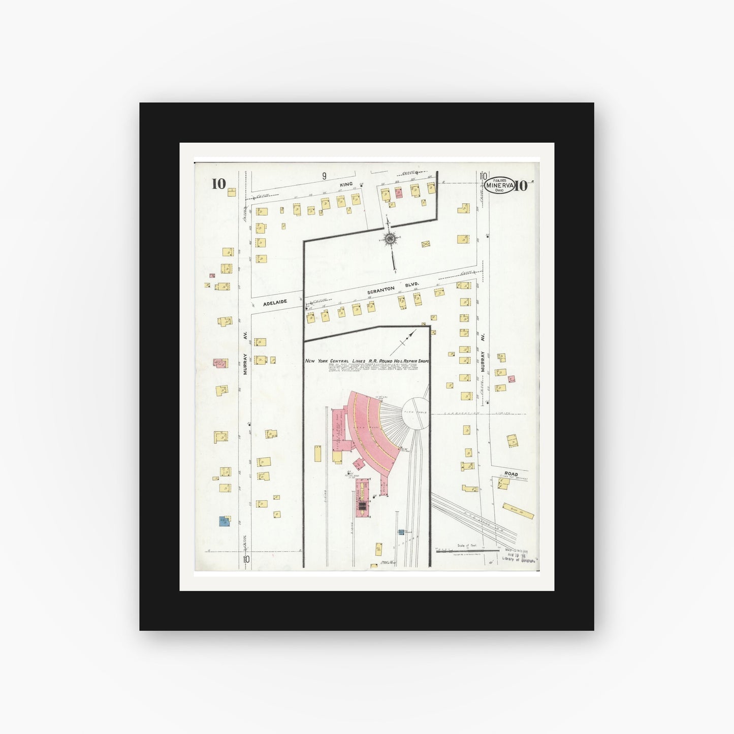 Old map wall art mockup — black gallery frame with white mat — Sanborn Fire Insurance Map from Minerva, Stark And Carroll Counties, Ohio (1925), Sheet #0010