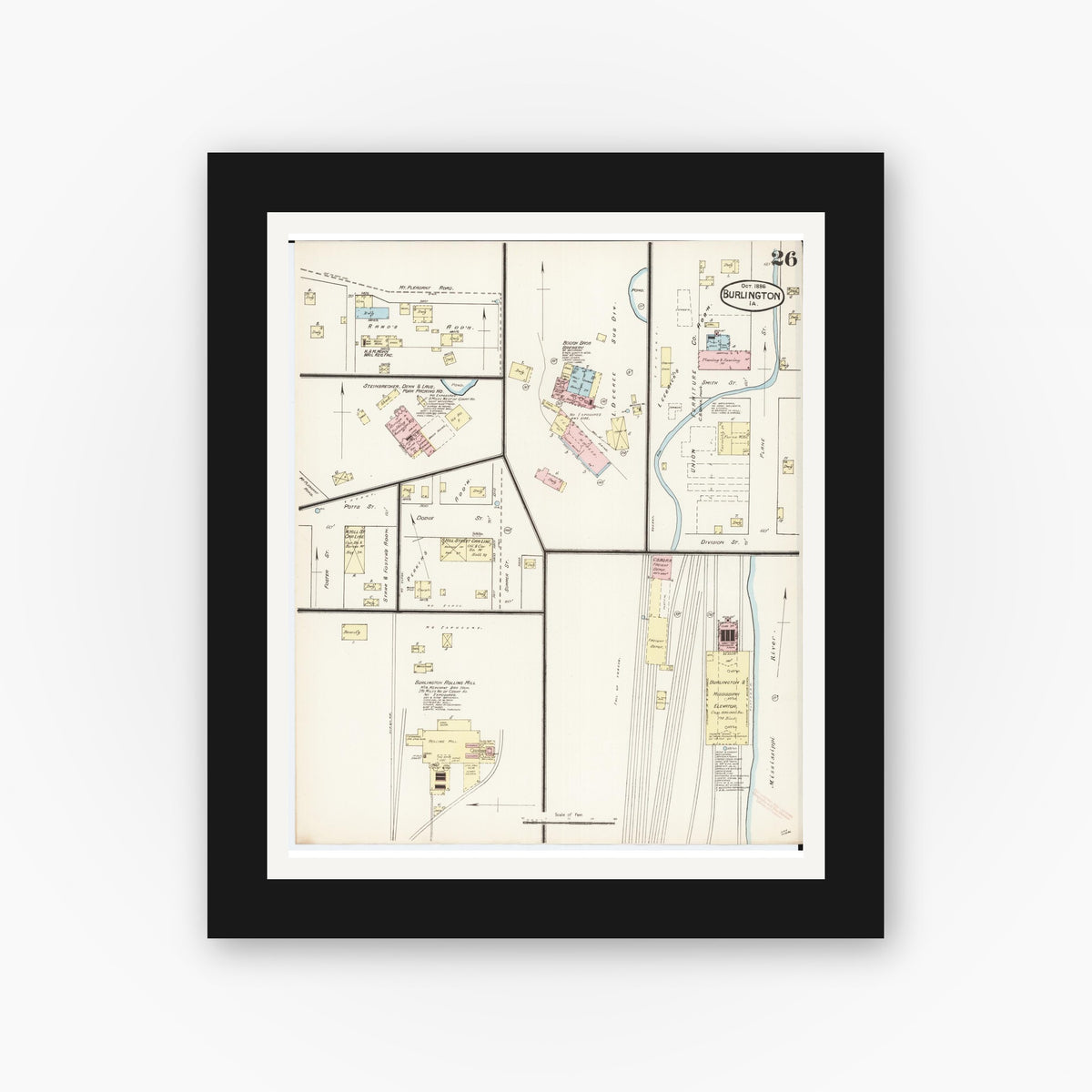 Old map wall art mockup — black gallery frame with white mat — Sanborn Fire Insurance Map from Burlington, Des Moines County, Iowa (1888), Sheet #0026
