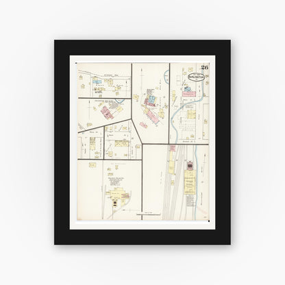 Old map wall art mockup — black gallery frame with white mat — Sanborn Fire Insurance Map from Burlington, Des Moines County, Iowa (1888), Sheet #0026