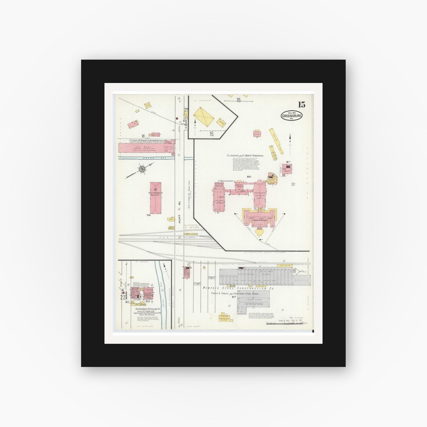 Old map wall art mockup — black gallery frame with white mat — Sanborn Fire Insurance Map from Greensburg, Westmoreland County, Pennsylvania (1915), Sheet #0015