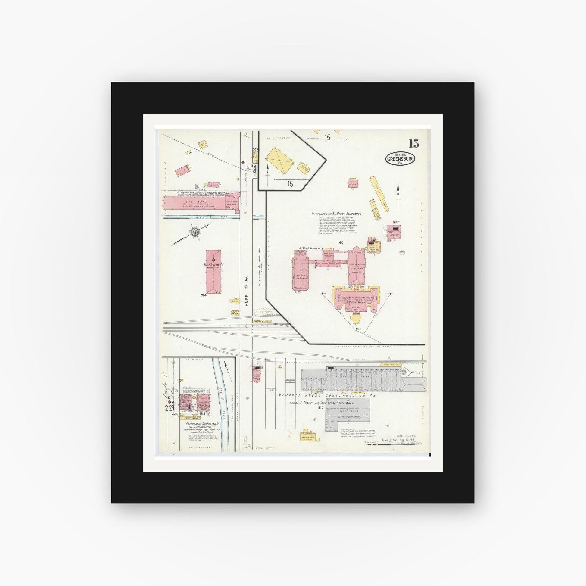 Old map wall art mockup — black gallery frame with white mat — Sanborn Fire Insurance Map from Greensburg, Westmoreland County, Pennsylvania (1915), Sheet #0015
