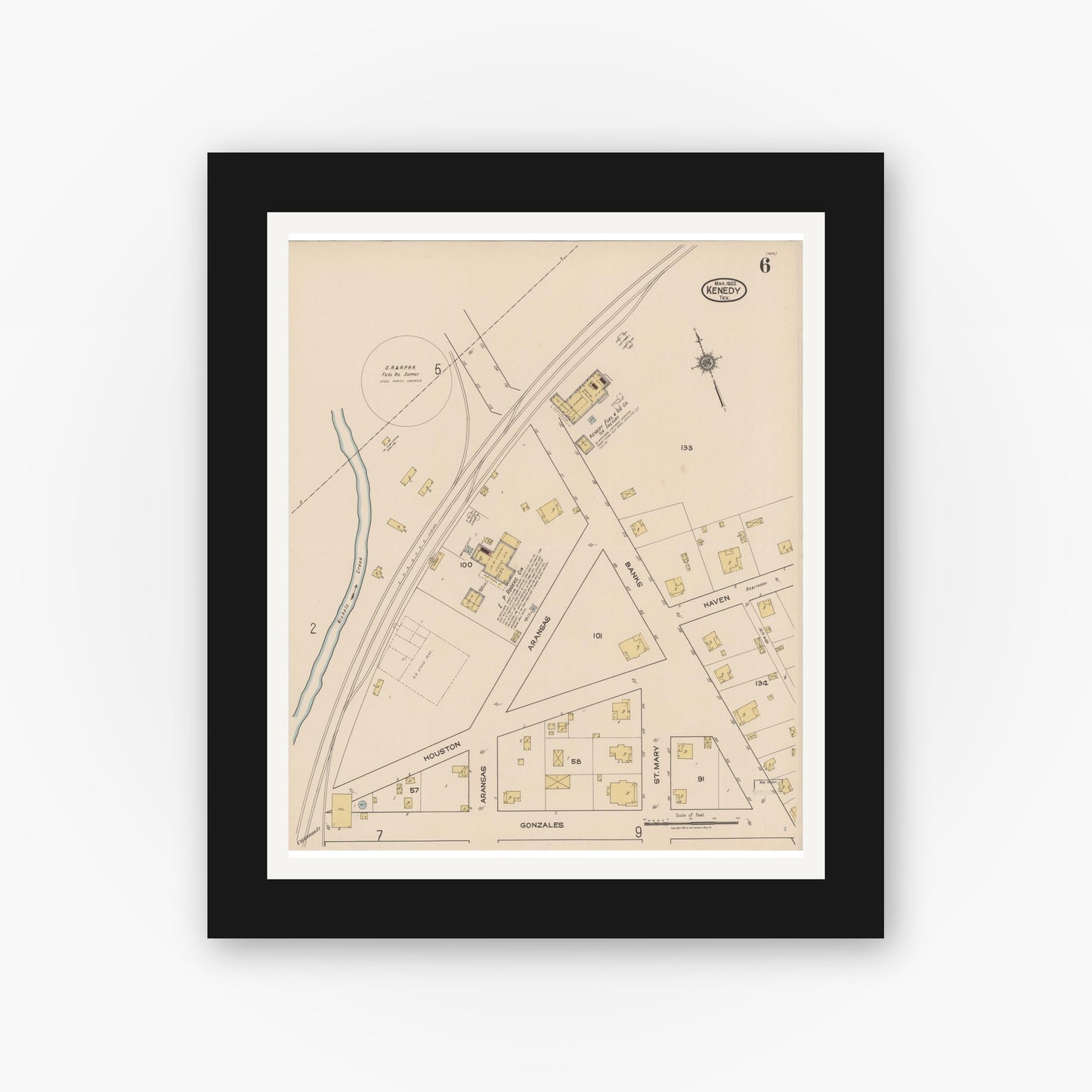 Old map wall art mockup — black gallery frame with white mat — Sanborn Fire Insurance Map from Kenedy, Karnes County, Texas (1922), Sheet #0006