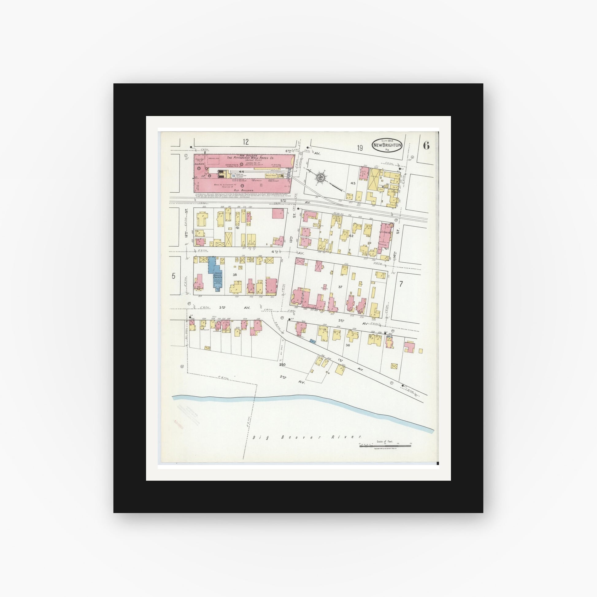 Old map wall art mockup — black gallery frame with white mat — Sanborn Fire Insurance Map from New Brighton, Beaver County, Pennsylvania (1918), Sheet #0006