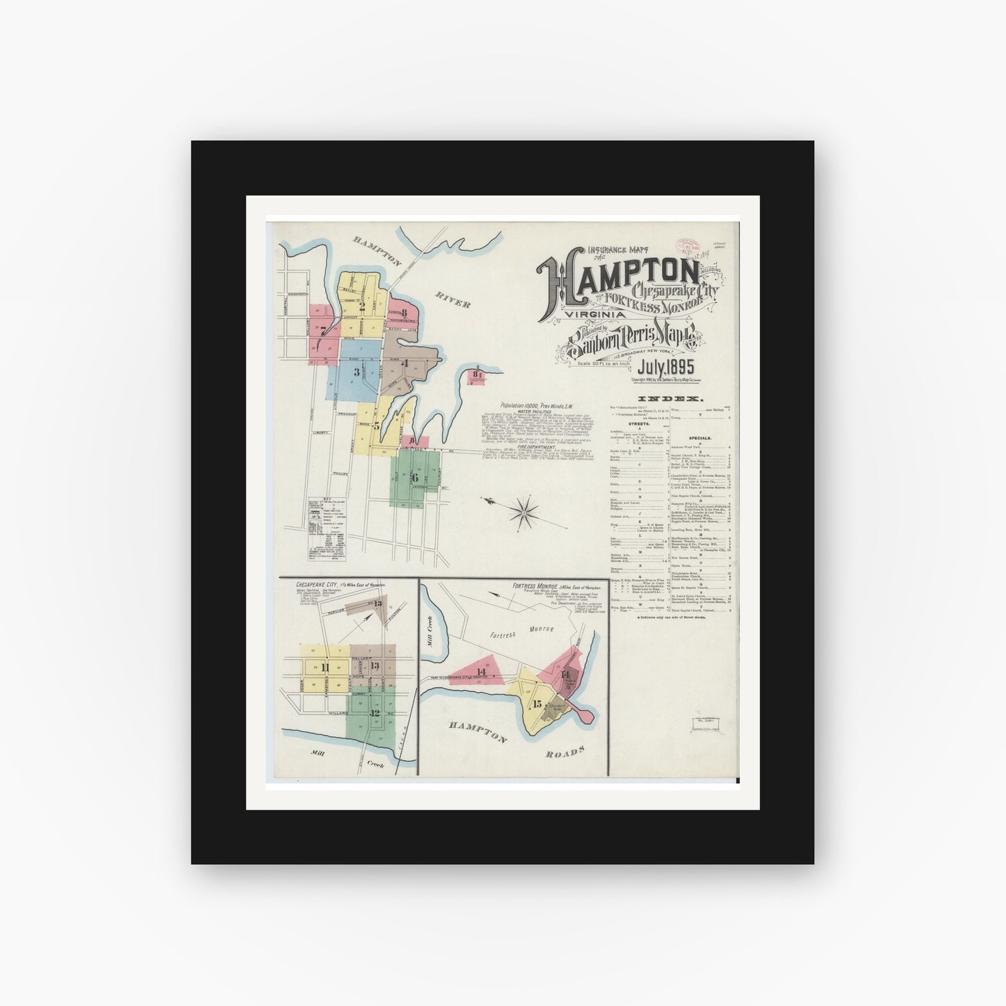 Old map wall art mockup — black gallery frame with white mat — Sanborn Fire Insurance Map from Hampton, Independent Cities, Virginia (1895) - Complete Map Set
