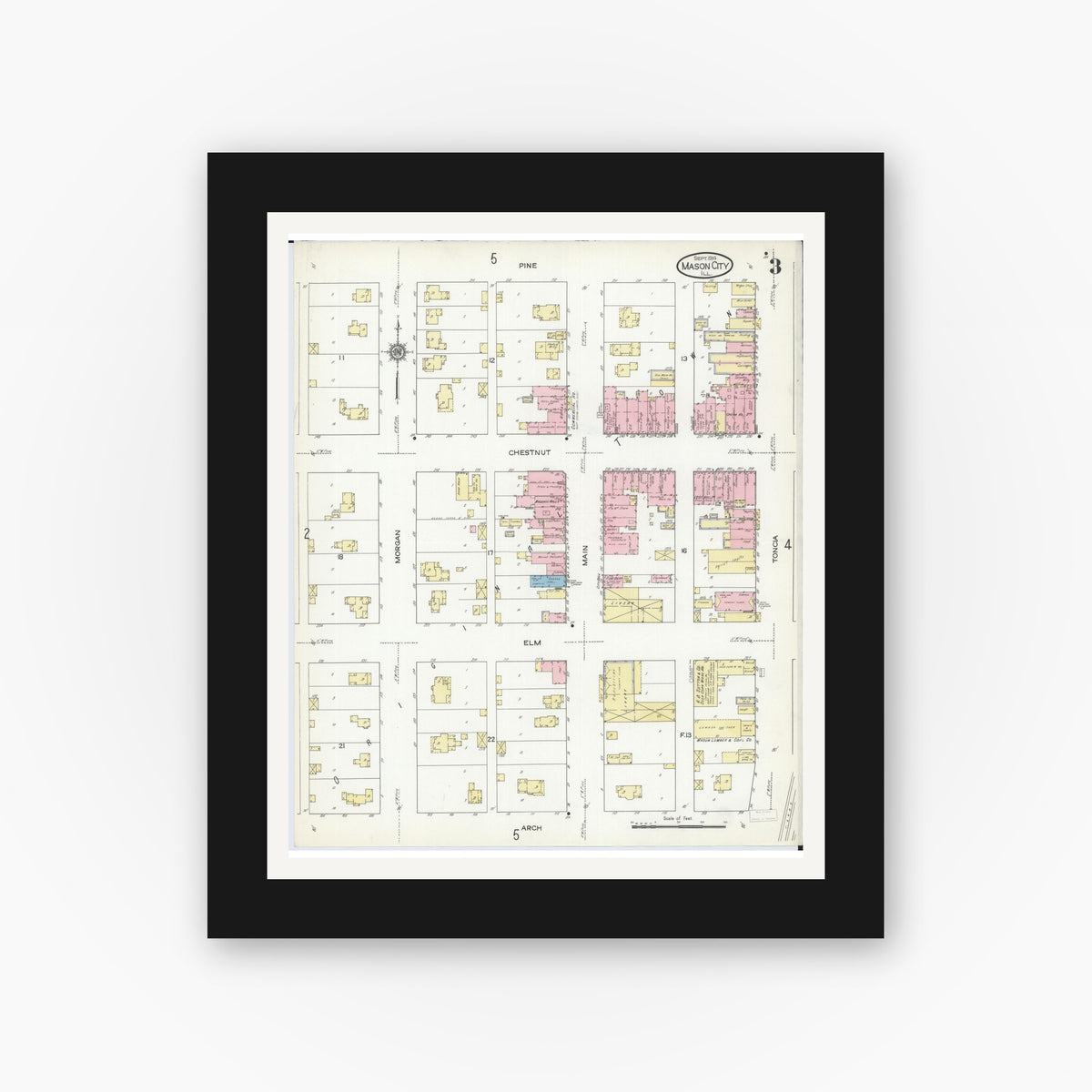 Old map wall art mockup — black gallery frame with white mat — Sanborn Fire Insurance Map from Mason City, Mason County, Illinois (1914), Sheet #0003