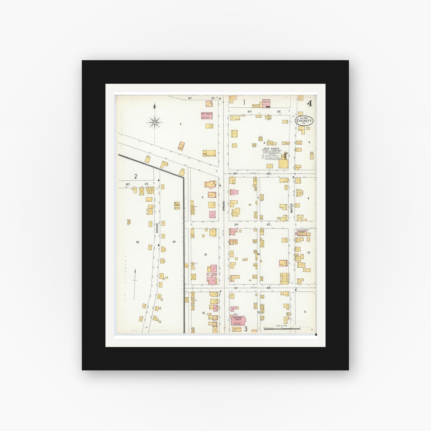 Old map wall art mockup — black gallery frame with white mat — Sanborn Fire Insurance Map from Everett, Bedford County, Pennsylvania (1900), Sheet #0004