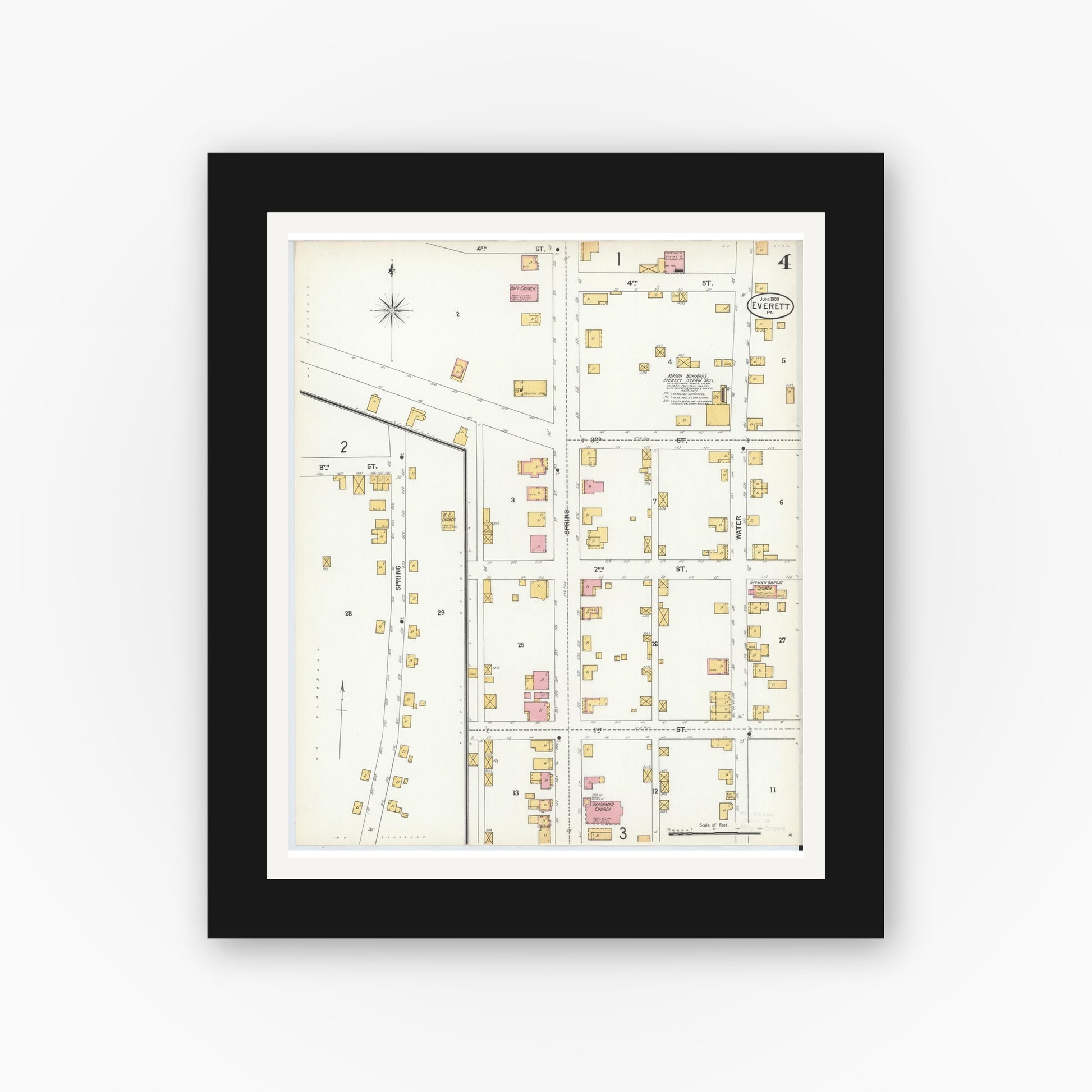 Old map wall art mockup — black gallery frame with white mat — Sanborn Fire Insurance Map from Everett, Bedford County, Pennsylvania (1900), Sheet #0004