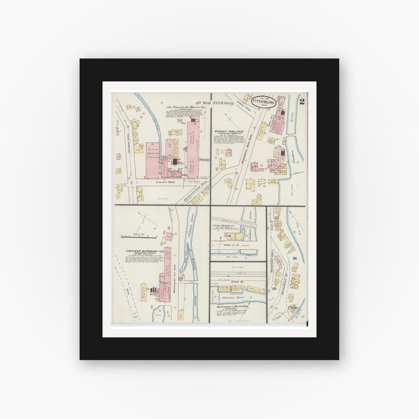 Old map wall art mockup — black gallery frame with white mat — Sanborn Fire Insurance Map from Fitchburg, Worcester County, Massachusetts (1887), Sheet #0002