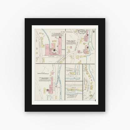 Old map wall art mockup — black gallery frame with white mat — Sanborn Fire Insurance Map from Fitchburg, Worcester County, Massachusetts (1887), Sheet #0002
