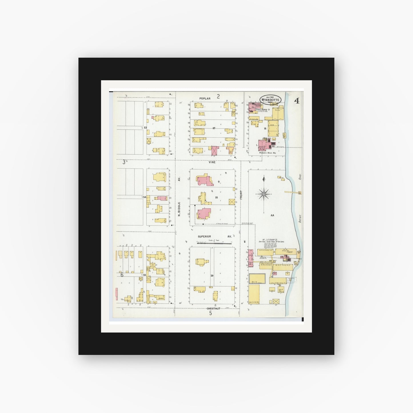 Old map wall art mockup — black gallery frame with white mat — Sanborn Fire Insurance Map from Wyandotte, Wayne County, Michigan (1900), Sheet #0004