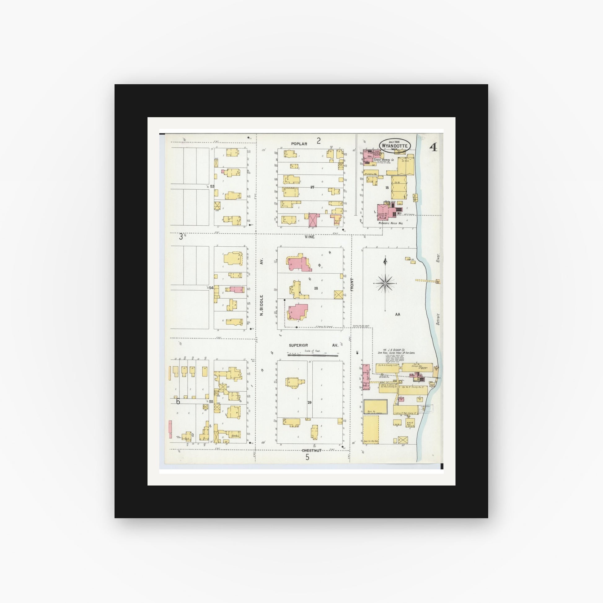 Old map wall art mockup — black gallery frame with white mat — Sanborn Fire Insurance Map from Wyandotte, Wayne County, Michigan (1900), Sheet #0004