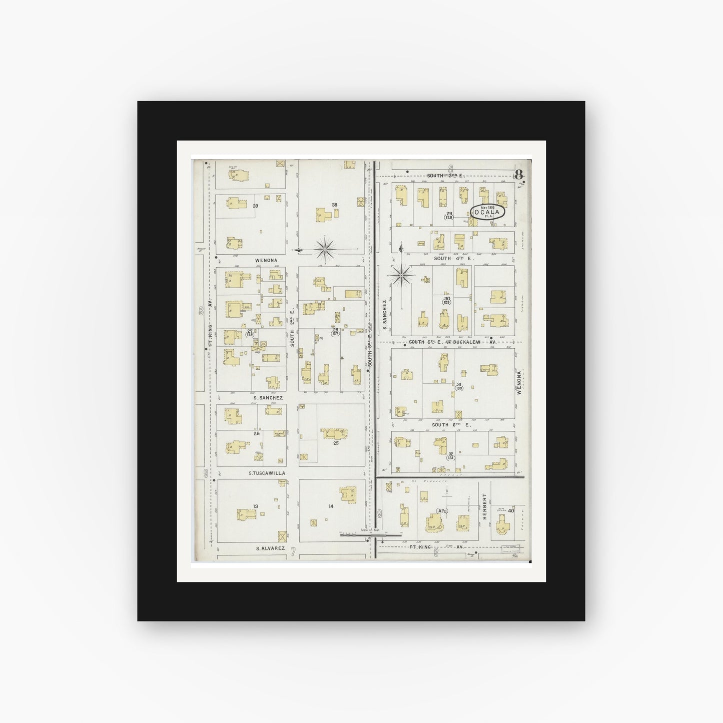Old map wall art mockup — black gallery frame with white mat — Sanborn Fire Insurance Map from Ocala, Marion County, Florida (1895), Sheet #0008