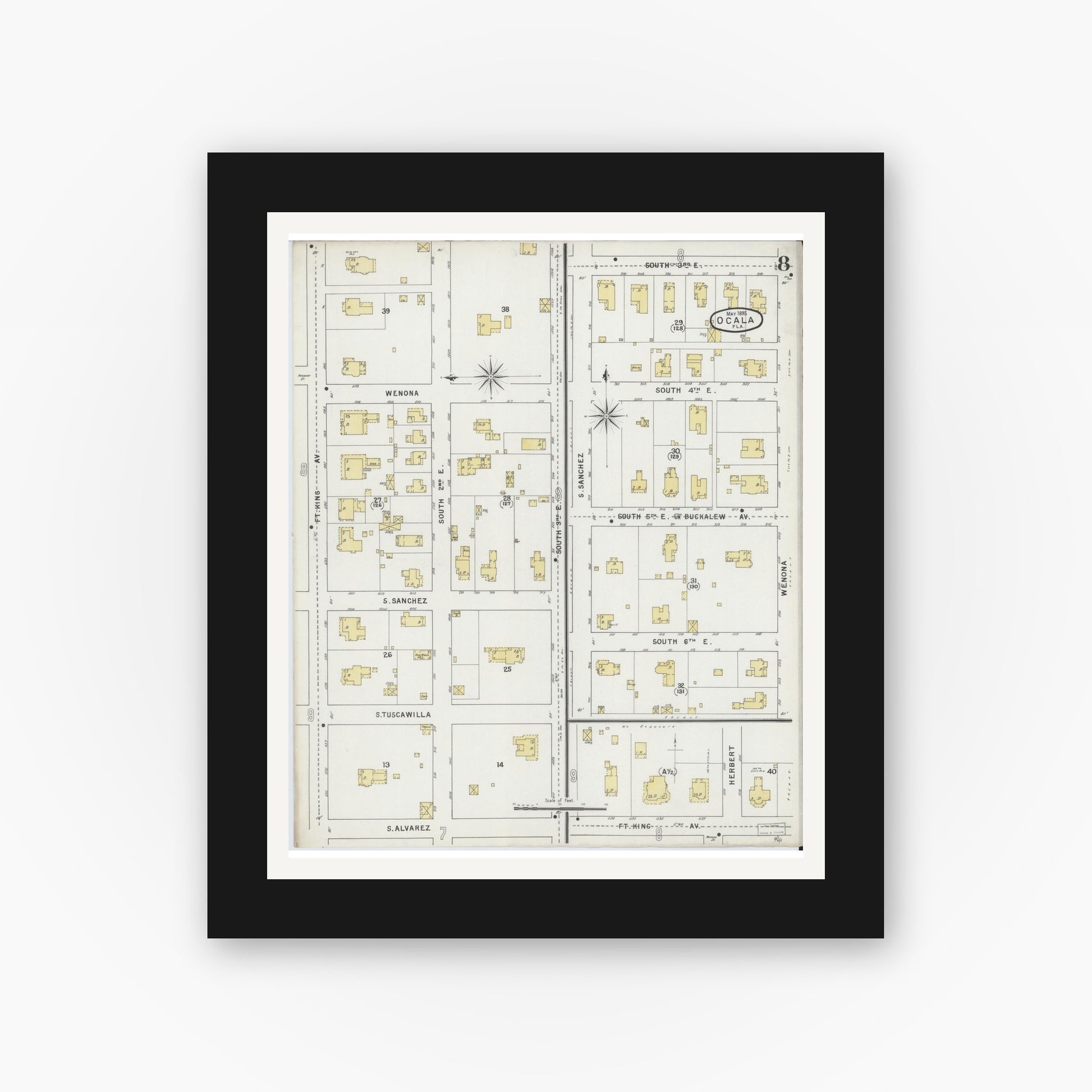 Old map wall art mockup — black gallery frame with white mat — Sanborn Fire Insurance Map from Ocala, Marion County, Florida (1895), Sheet #0008