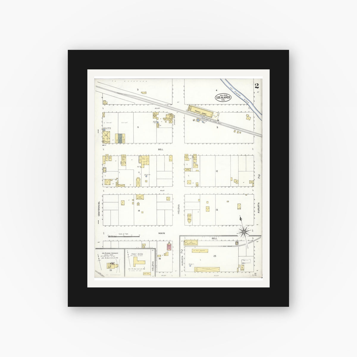Old map wall art mockup — black gallery frame with white mat — Sanborn Fire Insurance Map from Los Alamos, Santa Barbara County, California (1909), Sheet #0002