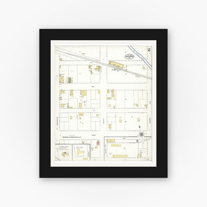 Old map wall art mockup — black gallery frame with white mat — Sanborn Fire Insurance Map from Los Alamos, Santa Barbara County, California (1909), Sheet #0002